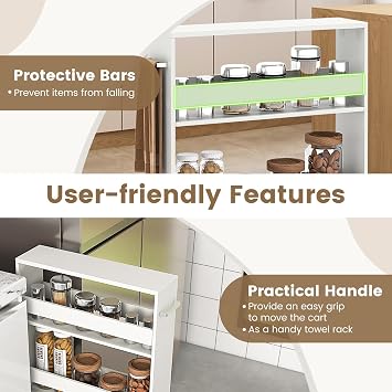 COSTWAY Slim Storage Trolley, 4 Tier Slide Out Rolling Cart on Wheels with Handle, Anti-falling Guardrail, Space-saving Utility Shelving Unit Organizer for Kitchen Office (White, 47x13x80cm)