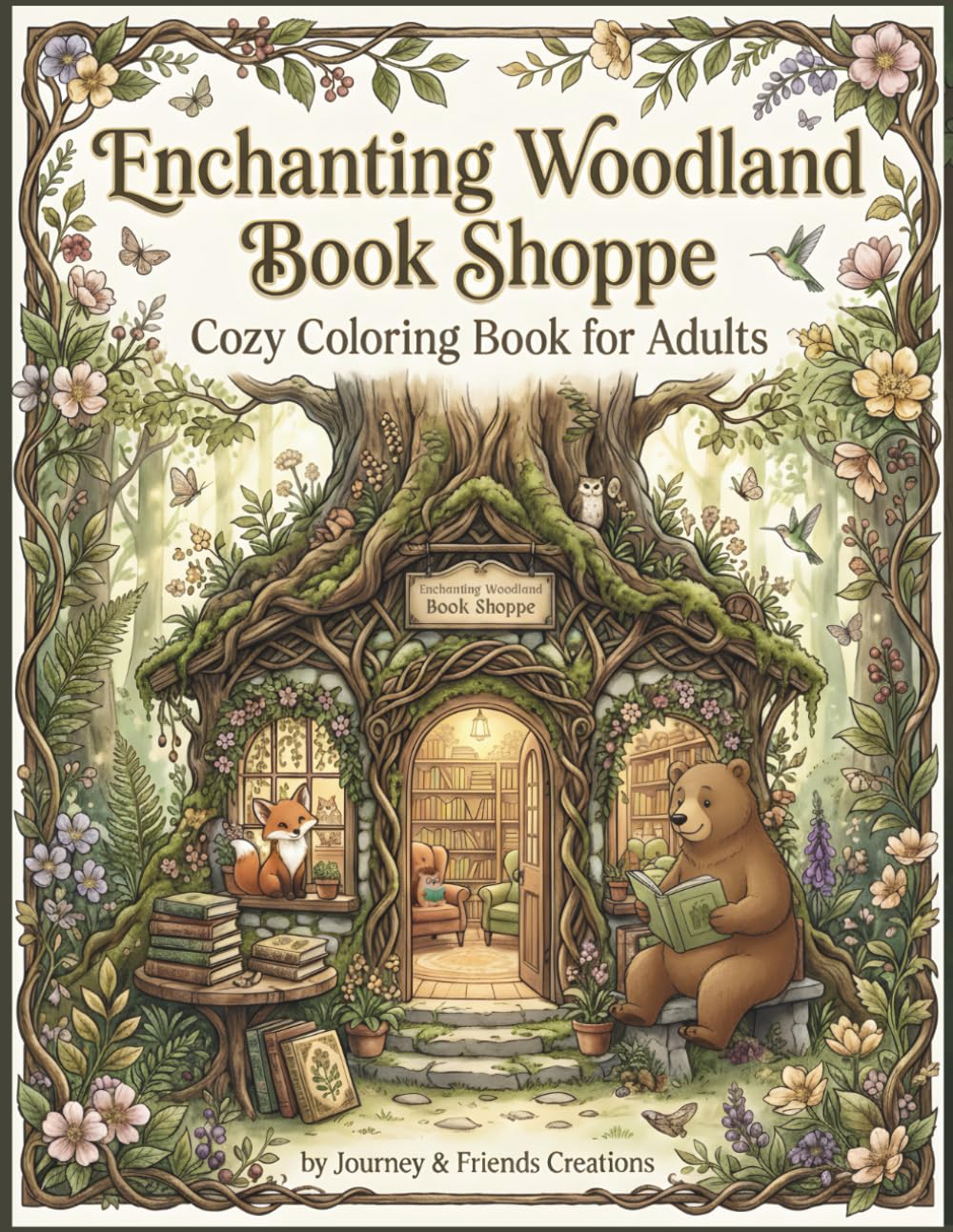 Enchanting Woodland Book Shoppe: Cozy Coloring Book for Adults: Cottage Core Forest Themed Book Nook Coloring Book, Intricate Detail