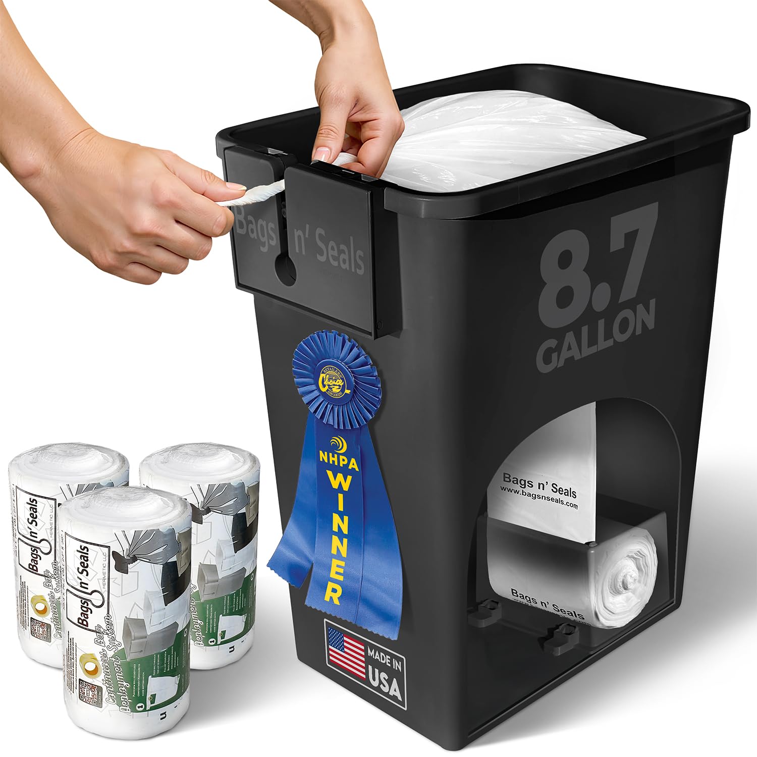 Bags n' Seals 8.75 Gallon Trash Can Under Sink with Hermetic Sealing System, Built-In Bag Dispenser, Pull Out Waste Basket for Kitchen Cabinet, Bathroom & Office, Includes 120 Scented Bags,Made in USA