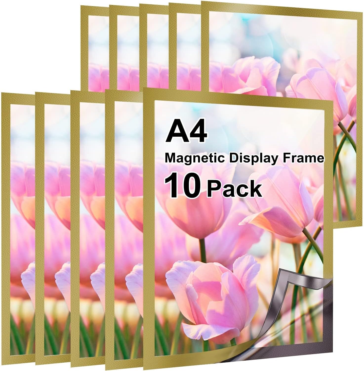 Kastwave A4 Magnetic Display Frame, Self Adhesive Paper Holder, For Ad Display, Storage Photos, Notices, Documents Photo Frame Alternatives (10Pack, Gold)