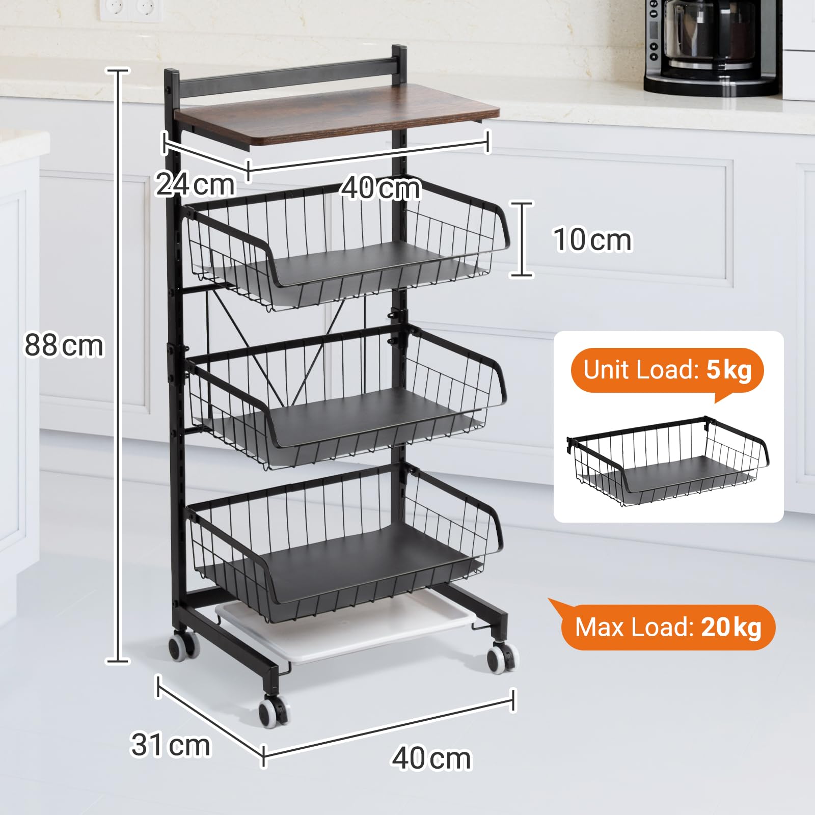 Todeco Panier de Fruits et Legumes avec Roues, Étagère à légumes pour Cuisine, 4 Niveaux avec Planche, Chariot de Rangement avec roulettes verrouillables et Plateau, pour Cuisine, Fruits, légumes | 4 niveaux avec planche, chariot de rangement avec roulett