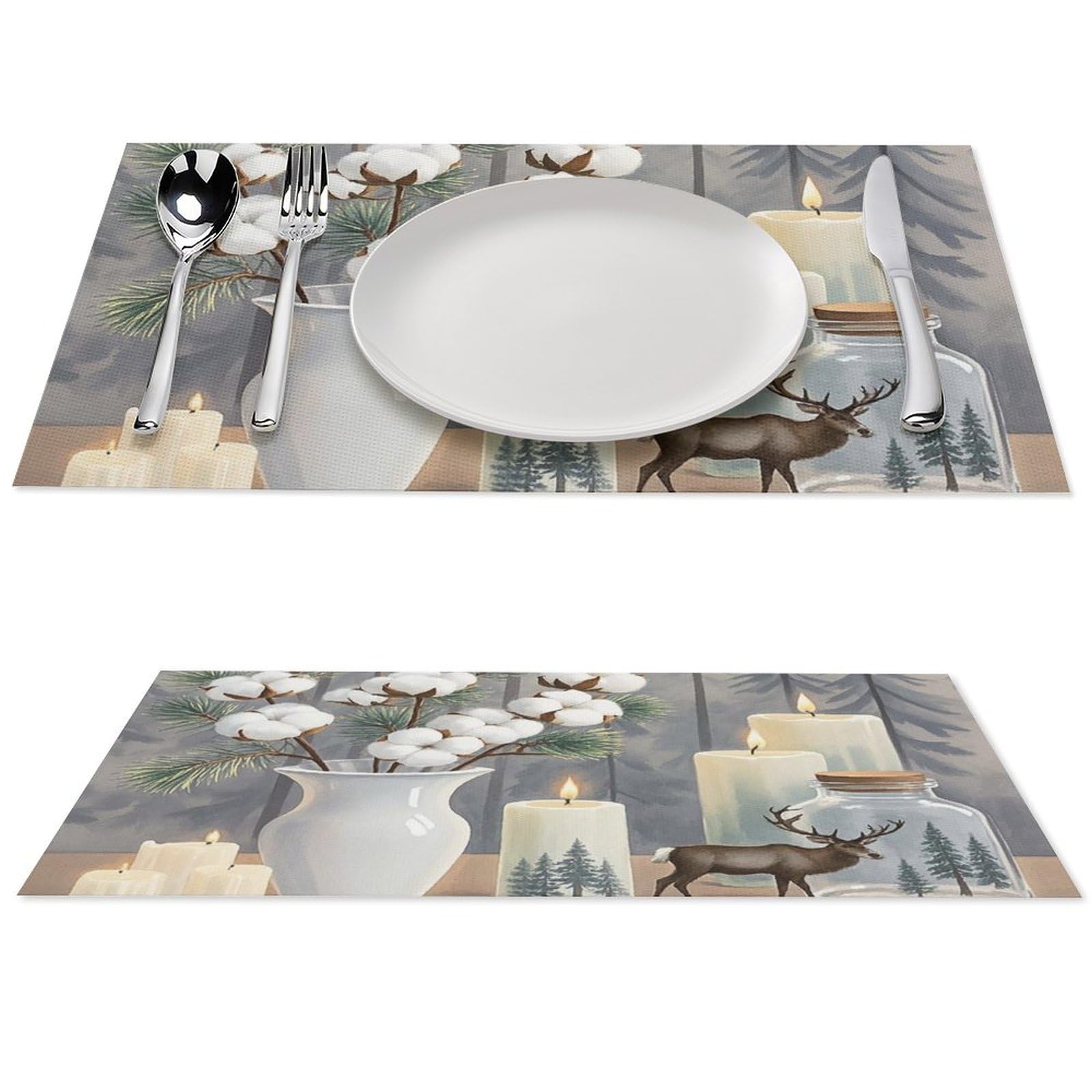Set de table en PVC motif bougies de pin pour repas de fête en famille et dîner hivernal chaleureux