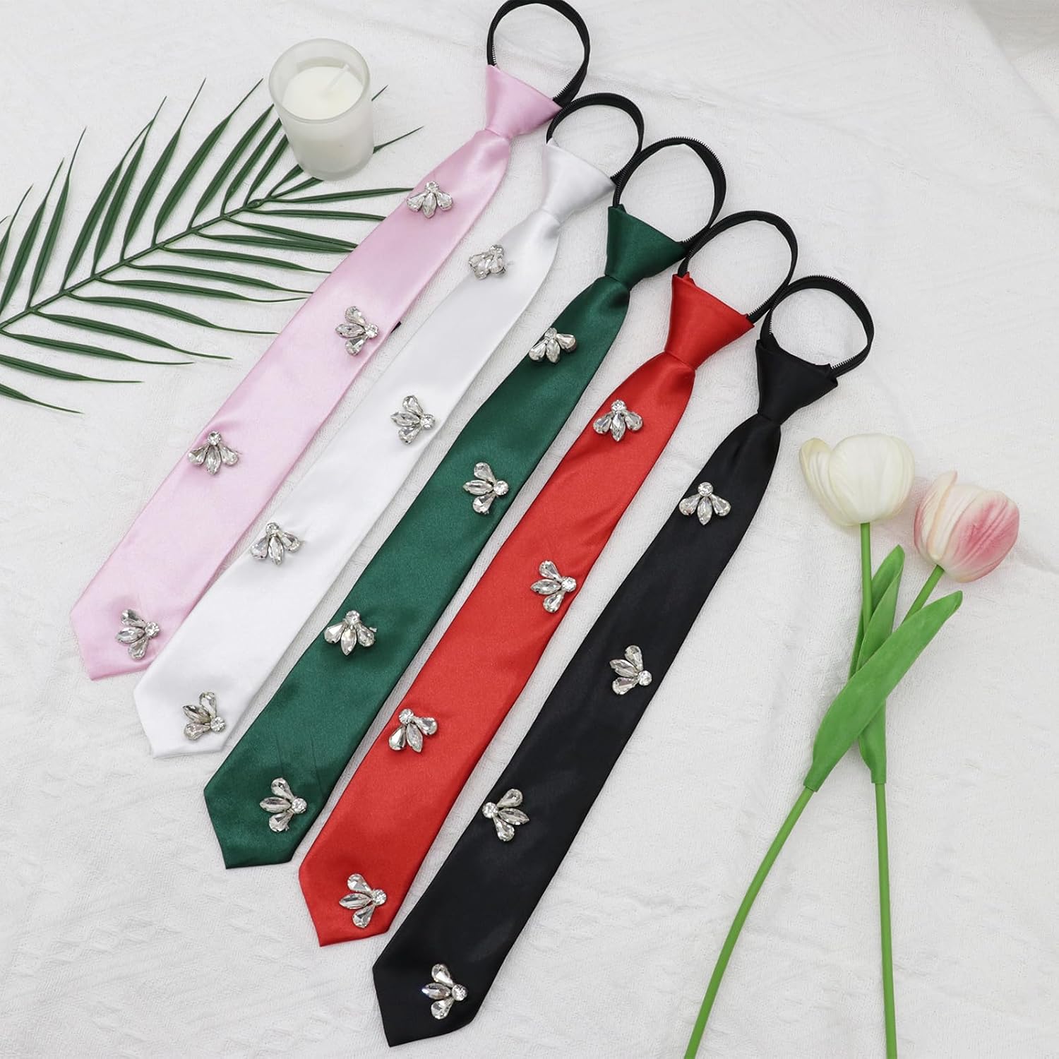 Zipper Ties for Women, Pre-tied Womens Tie with Rhinestones Chic Ladies Neckties for Party Prom Work