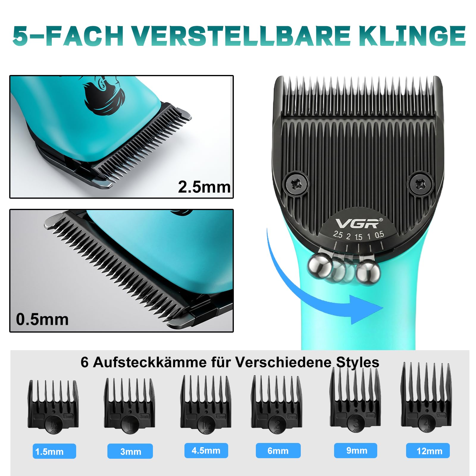 VGR 160 Haarschneidemaschine Profi Mit Klinge aus Keramikmetall, Grün | Clipper Haarschneider mit Rückenverstellung, Profi Haarschneidemaschine mit Batterie Ersetzenm, Hair Clipper mit Lagerbasis