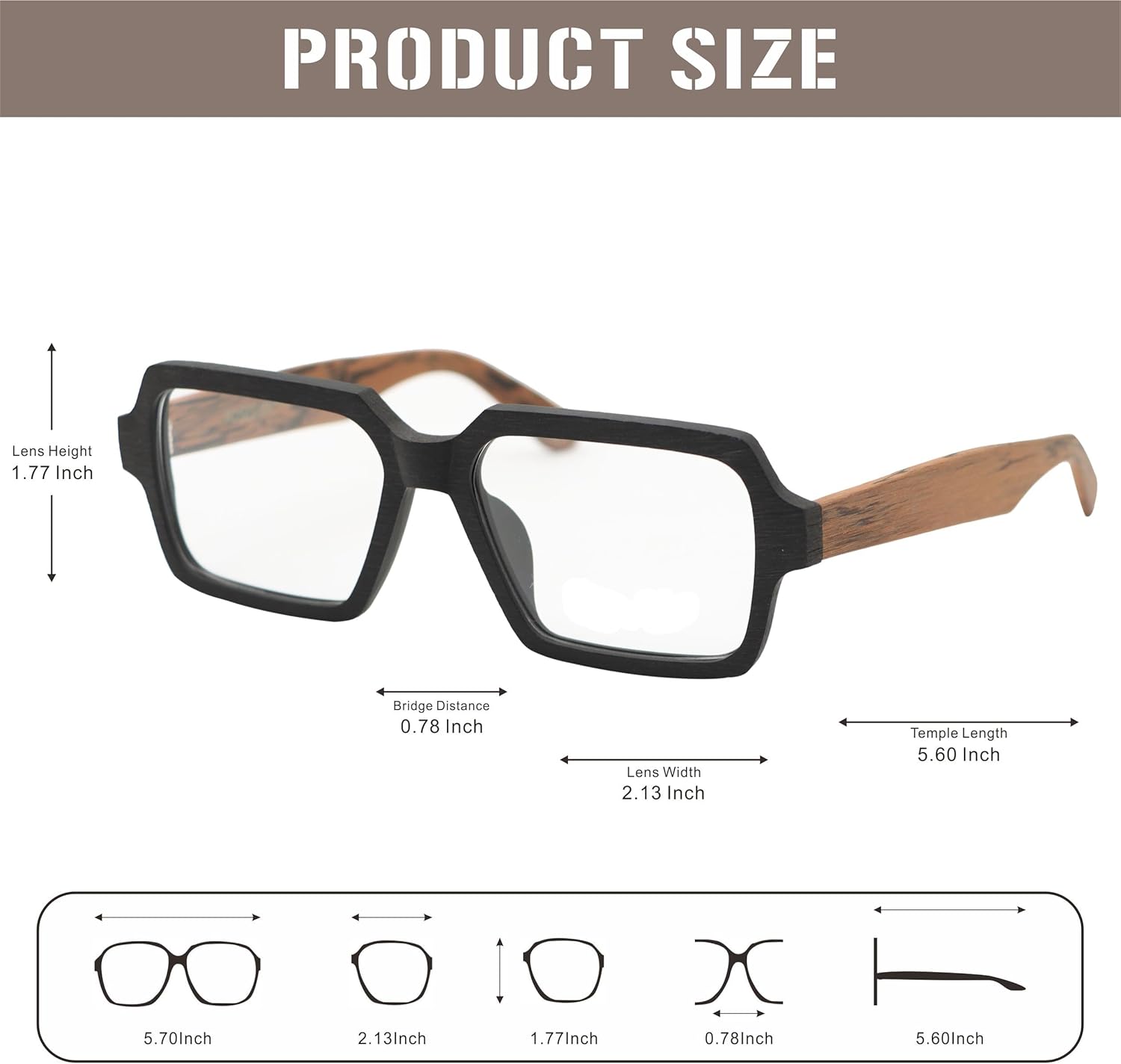 J&L Glasses Fashion Large Frame Wooden Unisex Glasses Frame (Black,Brown, clear)
