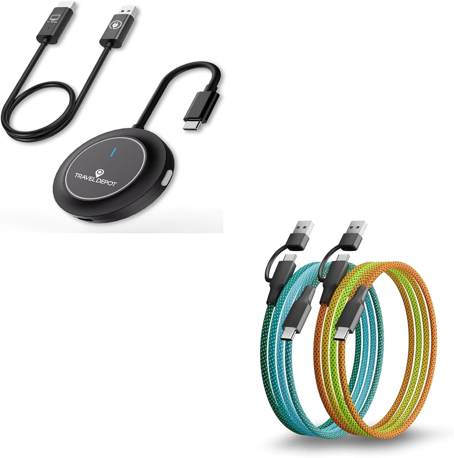 Wireless HDMI Transmitter & Receiver + Sunrise Ombre 2-Pack 2-in-1 USB-C Fast Charging Cables, 1080P Wireless Extender Kit with PD3.0 Power for Phones, Laptops & Projectors