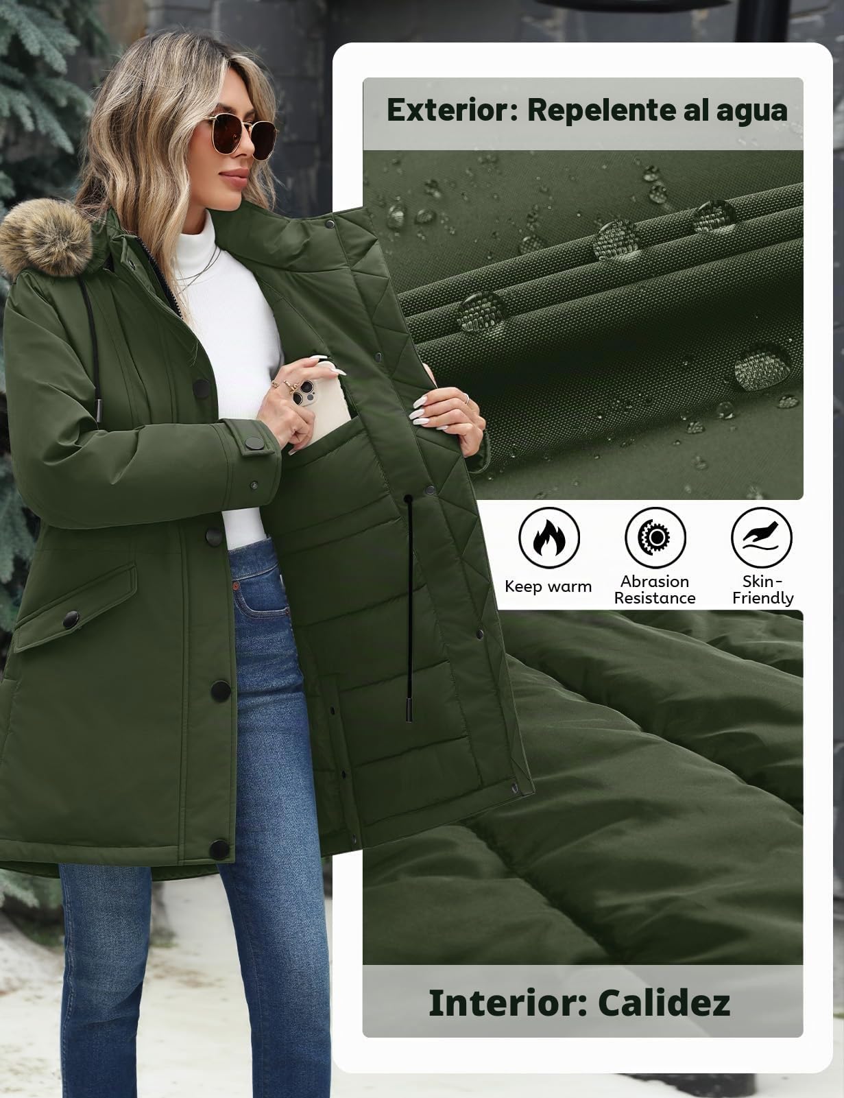 CMTOP Chaqueta Mujer Invierno Abrigo Cálido Impermeable Parka de Viento con Capucha de Piel Desmontable Jacket Elegante Casual Mediana Larga Outwear Slim Fit con Bolsillos