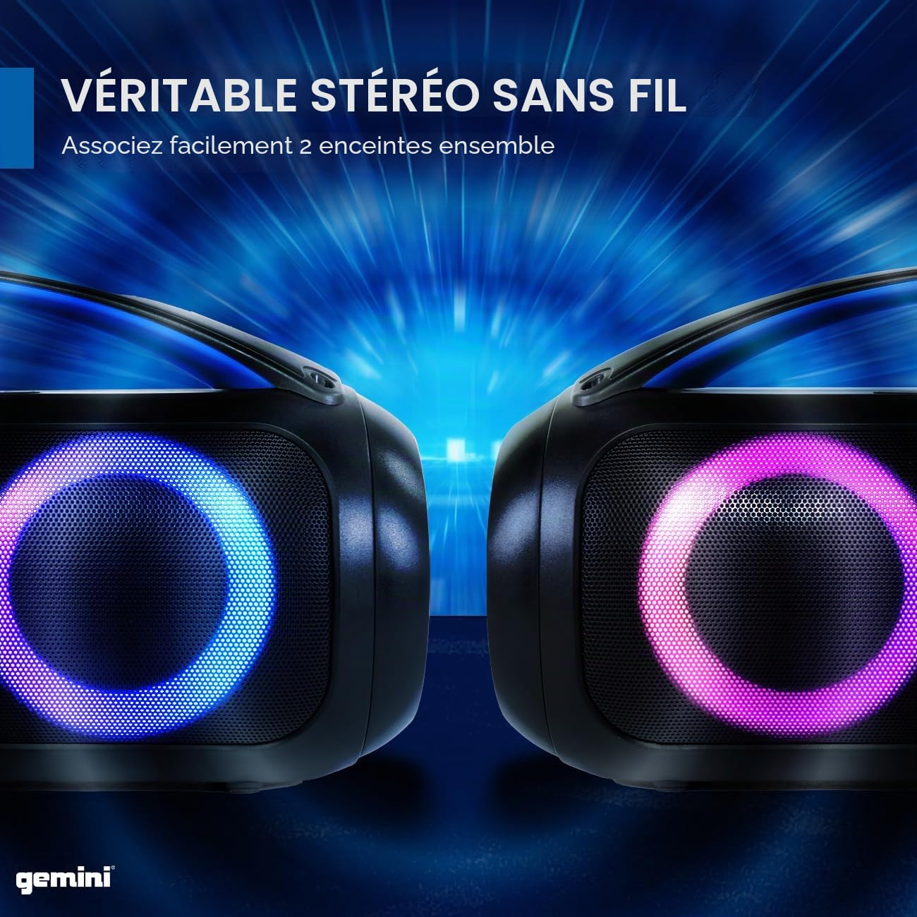 Gemini Sound GGO-230L – Enceinte boombox 50W Bluetooth: Enceinte portable sans fil étanche (IPX5) avec radio FM, éclairage LED festif, batterie de réserve et batterie rechargeable longue durée