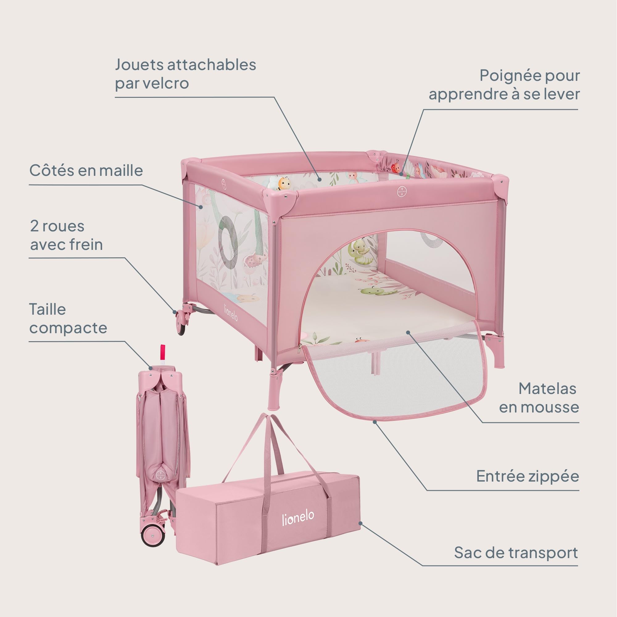LIONELO MILLE PLUS Parc pour bébés 2-en-1 et jusqu’à 15 kg, de 0 à 36 mois, Entrée latérale, Matelas 3D, 2 roues avec frein, Pliable, Sac de transport inclus