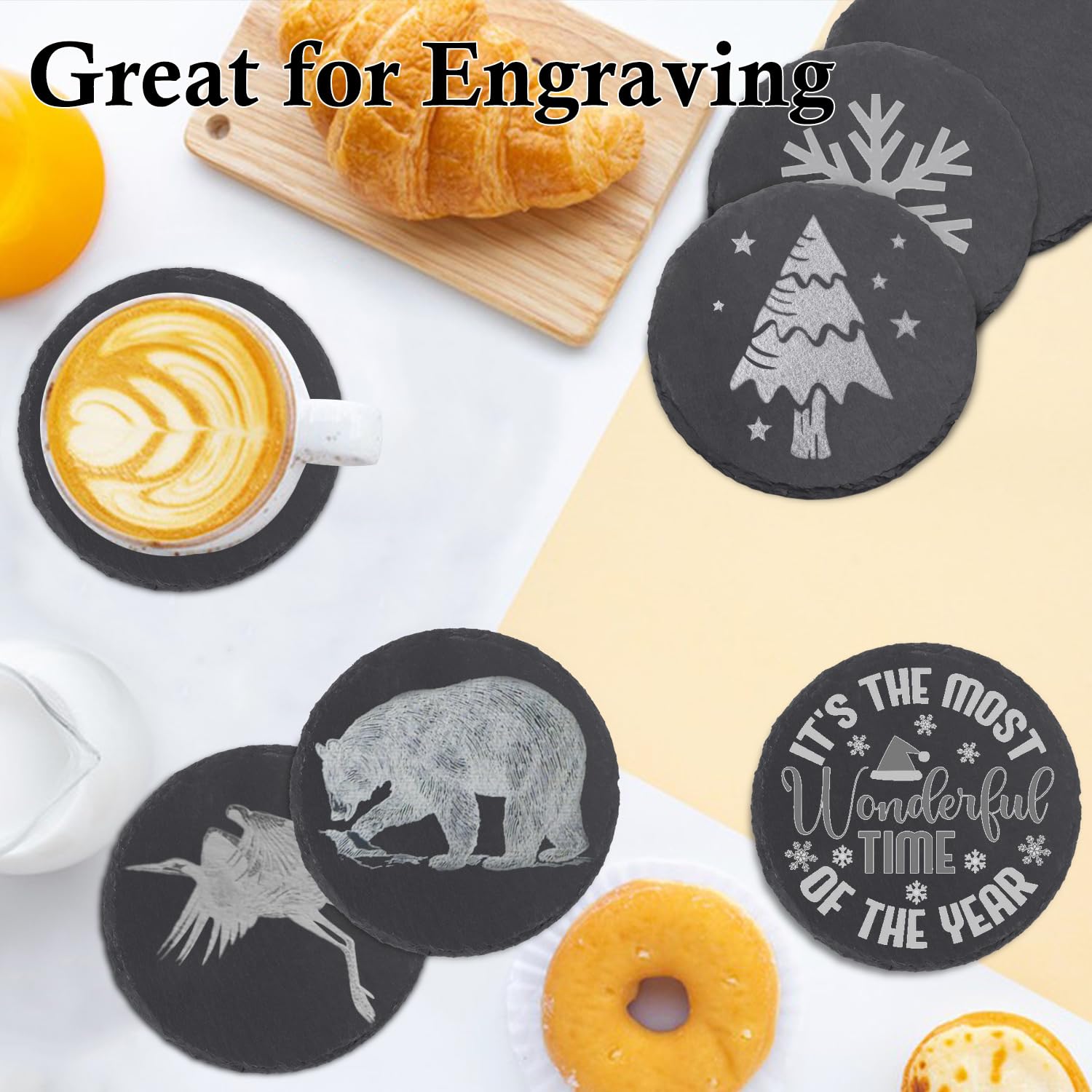 Paquete de 60 posavasos redondos de pizarra de 4 pulgadas, posavasos para bebidas, posavasos de piedra negra con parte inferior antiarañazos, ideales para decoración del hogar, bar, regalos de