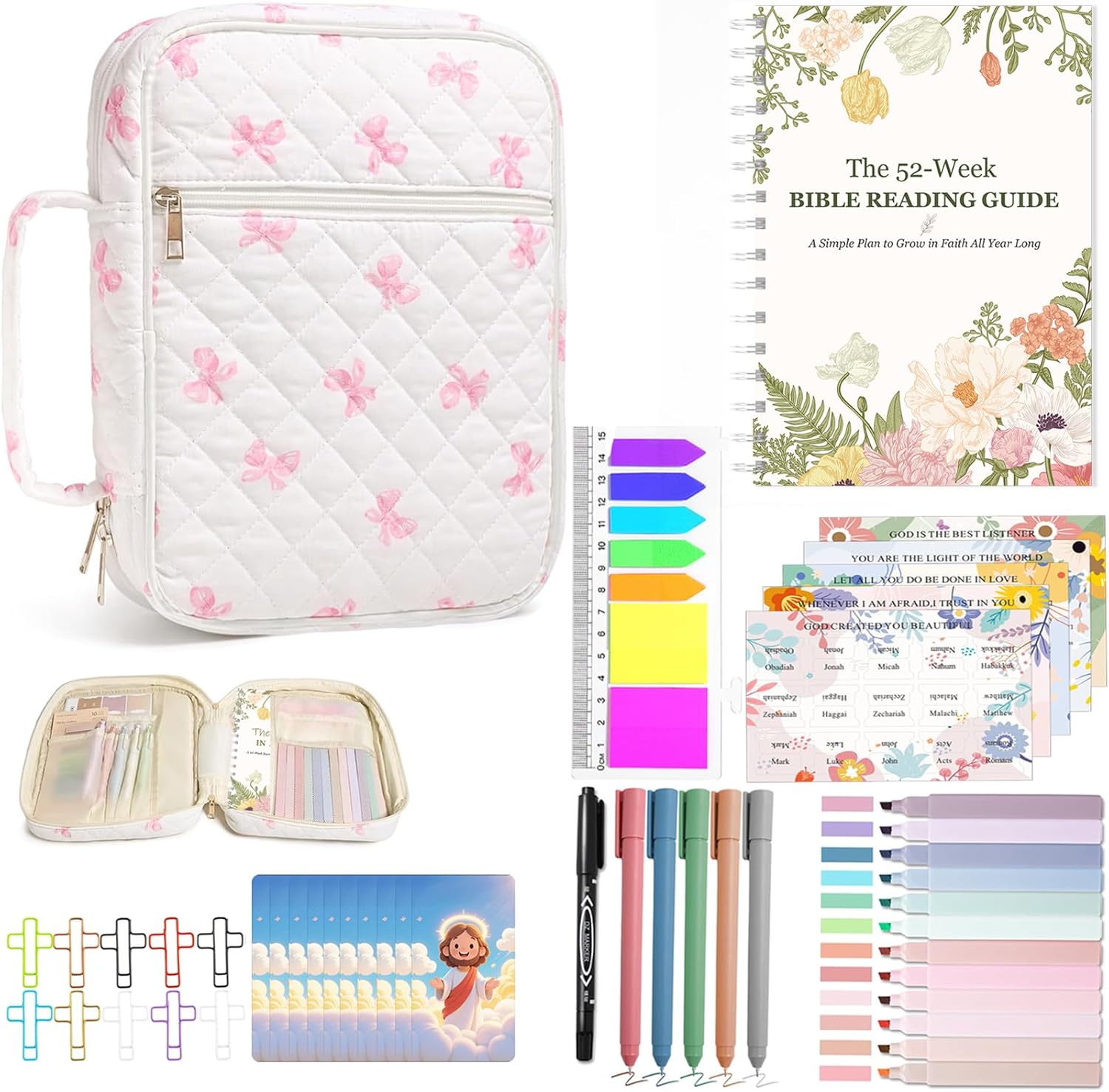Bible Cover Set with Handle, Large Quilted Bible Bag for Women Girls, Bible Study Supplies Kit with Tabs, Pens, Sticky Notes, Study Planner & Scripture Cards, Christian Gifts for Devotional Journaling