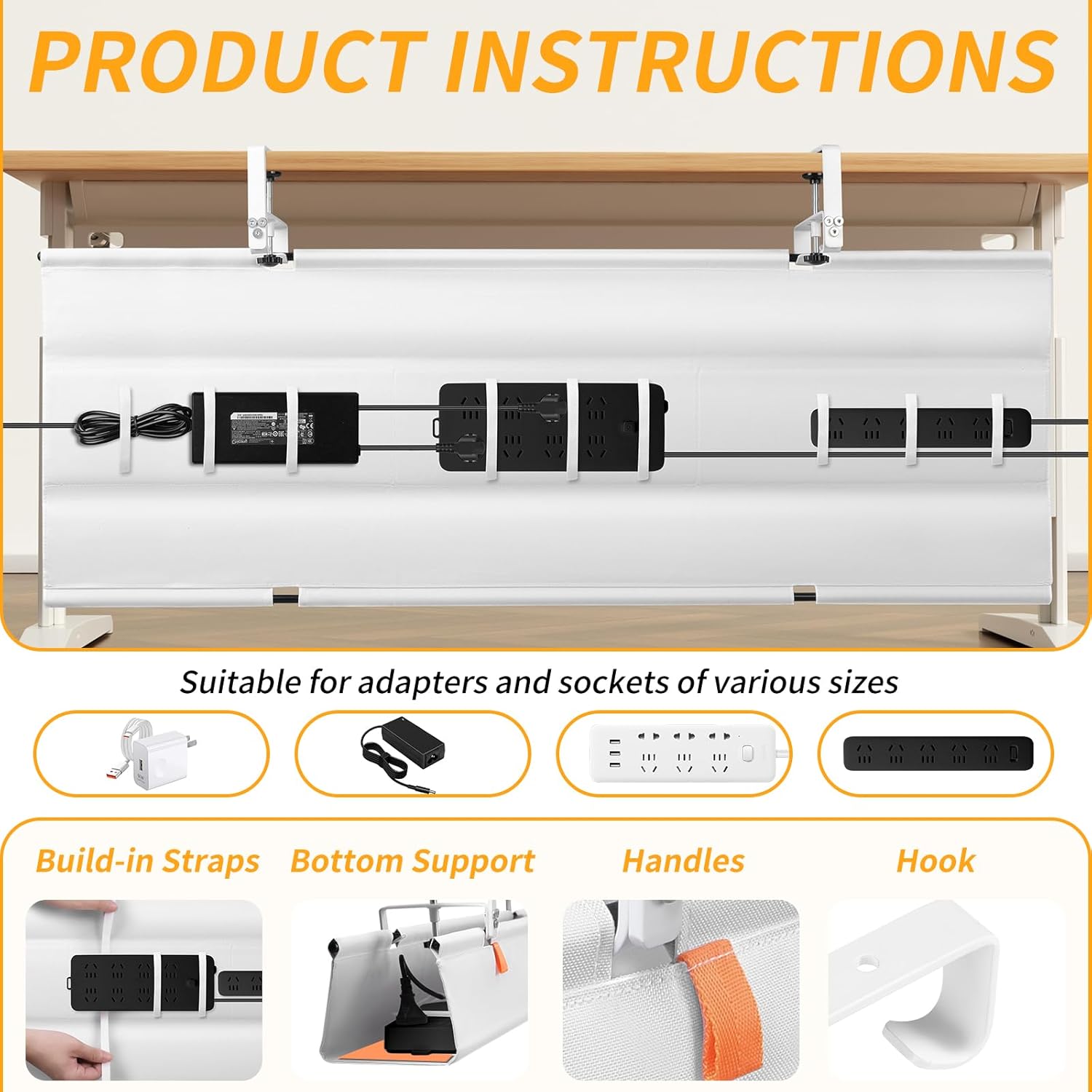 Under Desk Cable Management Tray with Clamp, No Drill 48" Cord Organizer for Desk, Desk Cable Management Fabric Tray for Standing Desks, Ideal for Home & Office - White