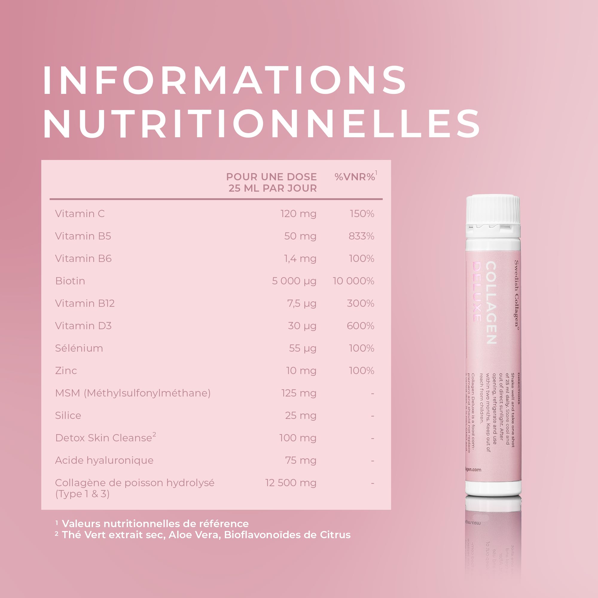 Swedish Collagen Deluxe 12 500 mg Collagène Marin Liquide 30 Doses 25 ml Acide Hyaluronique Biotine Vitamine C Cheveux Peau Ongles Articulations Sans Sucre pour Homme et Femme