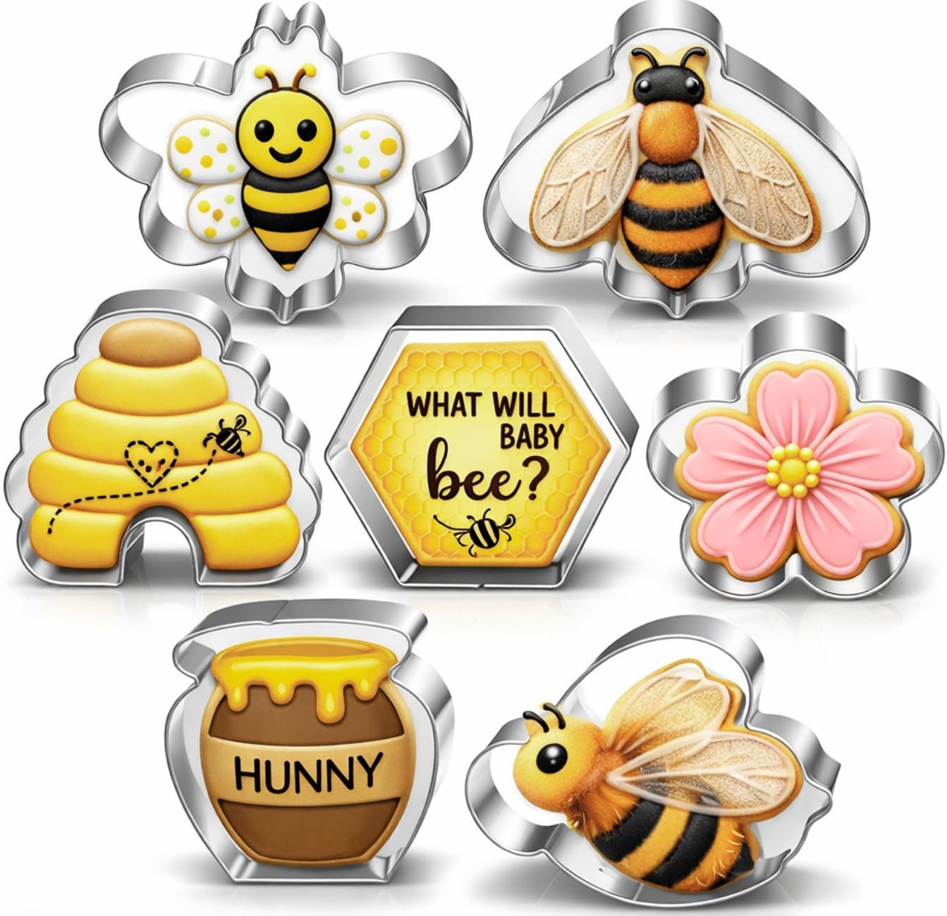 Bee Cookie Cutters Set - 3 Inches - 7 Piece - Beehive, Flower, Honeycomb and Honey Jar Stainless Steel Biscuit Molds for Honey Bee Party Decoration Favor