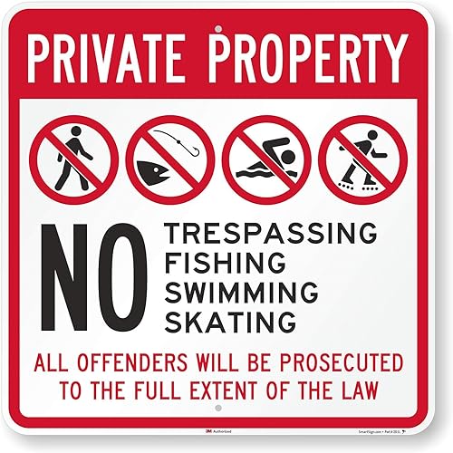 SmartSign Letrero "Propiedad Privada - No Trespassing, Pesca, Nadar, Patinar. Delincuentes procesados" | Aluminio de 24 x 24 pulgadas
