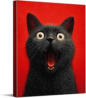 CYFDYVT Expressive Surprised Cat Portrait Art Print Funny Black Cat Wall Decor Illustration for Modern Home Creative Interior Canvas Artwork 8x10 Inch