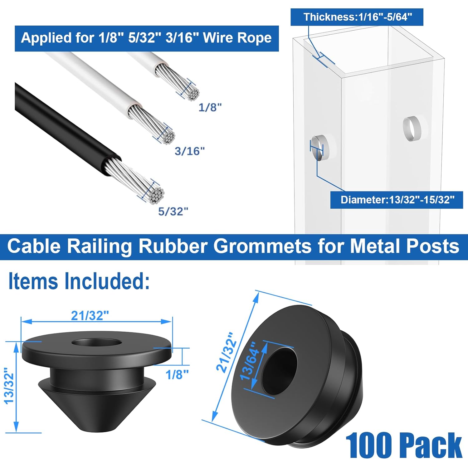 100 Pack Cable Railing Rubber Grommets, Black Protector Sleeve for 1/8" 5/32" 3/16" Cables for Metal Cable Railing Posts, Cable Railing Protector Sleeve Grommet, MY26