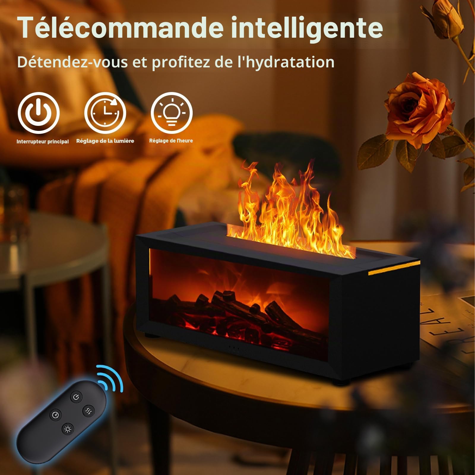 WingFly Diffuseur de cheminée avec 7 lumières de couleur, diffuseur d'huiles essentielles de 150 ml avec minuterie et arrêt automatique sans eau pour la maison ou le yoga (noir)