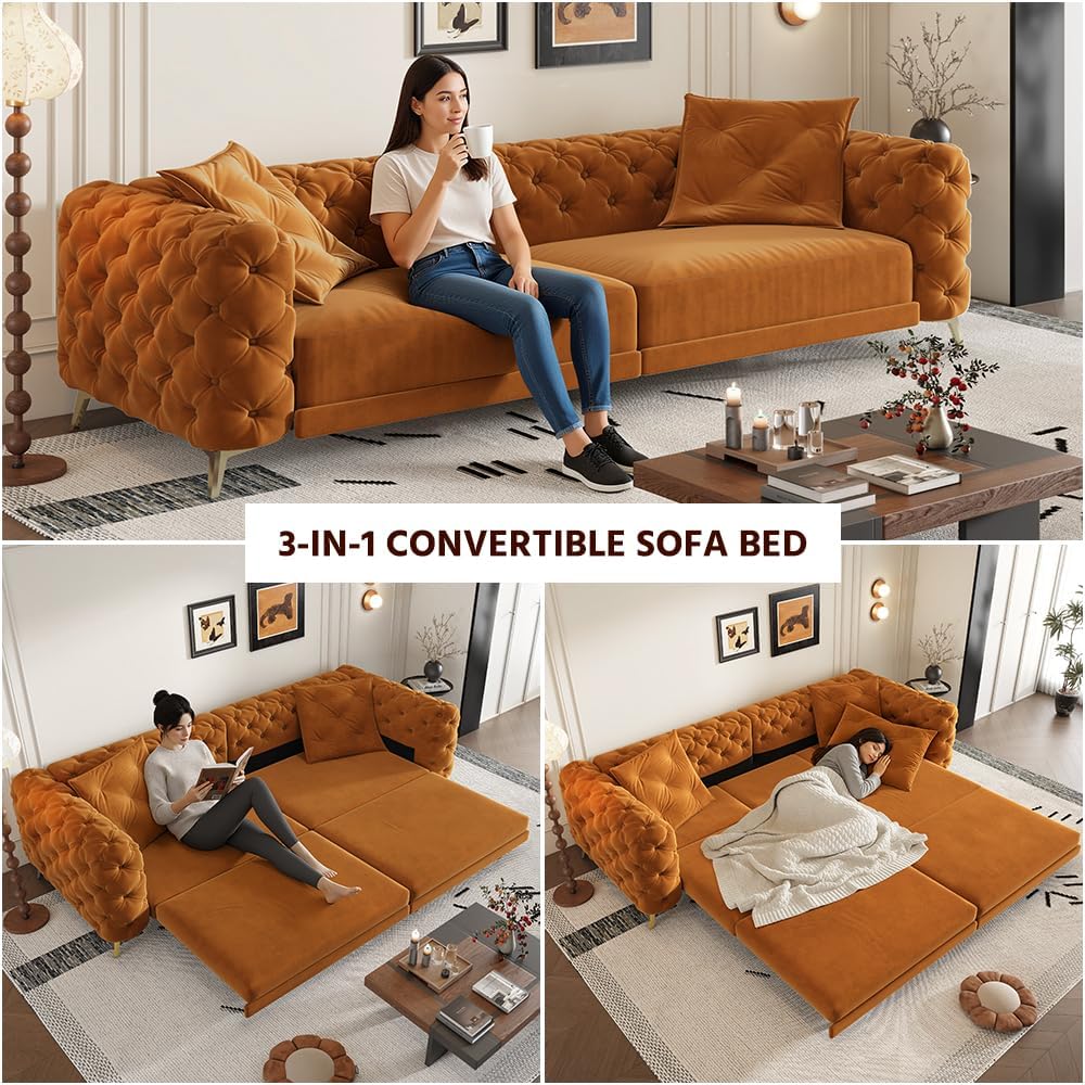 97.7'' Pull Out Sofa Bed King, Chesterfield Velvet Sleeper Sofa, Convertible L-Shaped Futon Couch, Tufted Back, Ottoman, Deep Seat Loveseat Couches for Living Room, Apartment, Orange