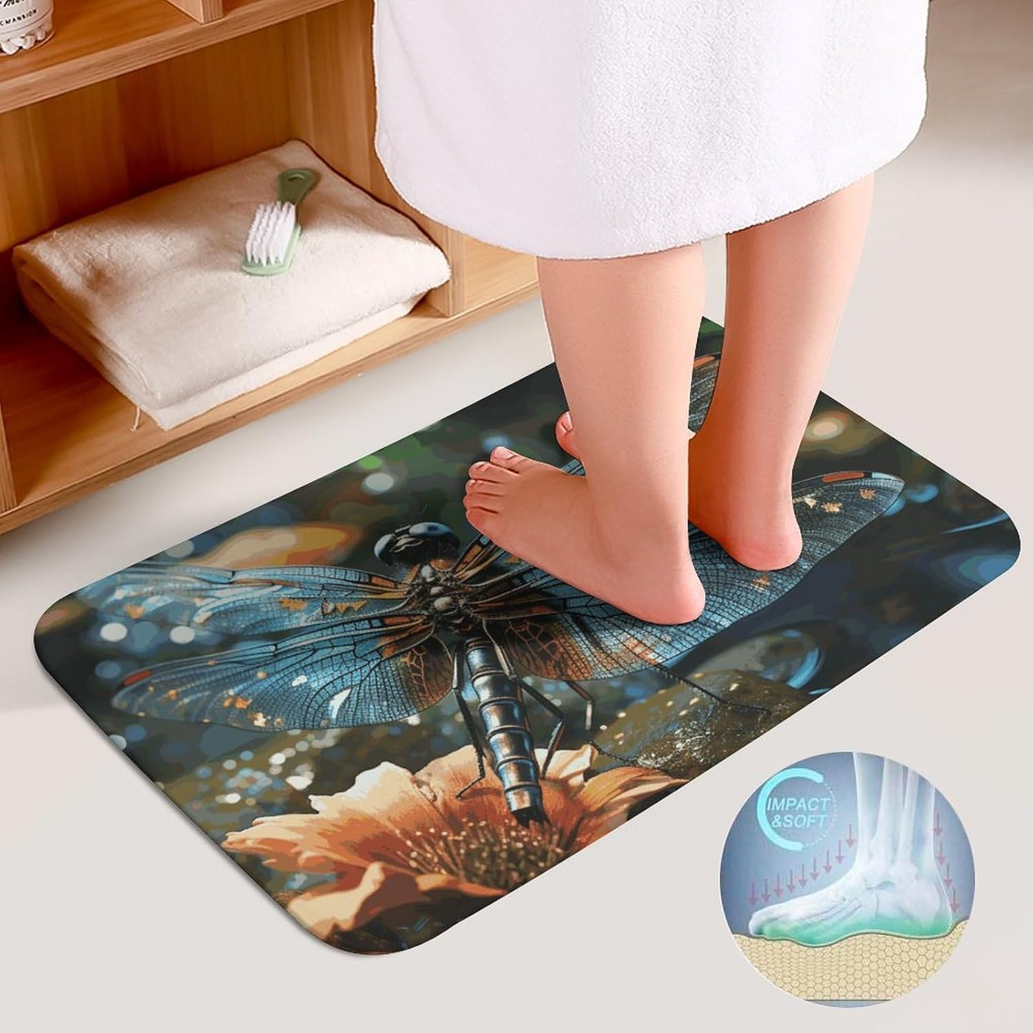 Anti-Skid Floor Mats 3 Piece Set,Dragonfly Flying on The Pond Printed Coral Fleece Bathroom Mats U-Shaped Contour Mat Toilet Seat Cover for Bathroom, Tub, Shower, Kitchen 19.7"x31.5"