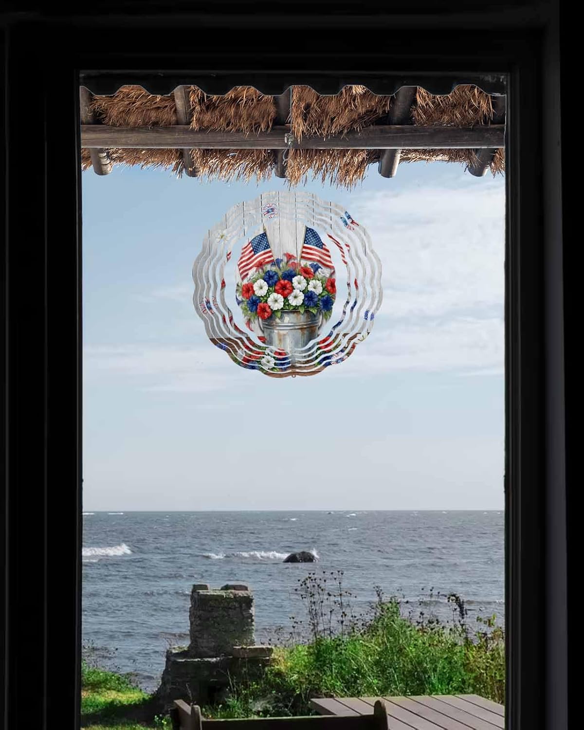 Independence Day 250th Anniversary Wind Spinner for Garden Yard 3D Stainless Steel Hanging Wind Spinners, USA Flag Flowers Spinners Outdoor Metal Decor for Lawn Patio Home