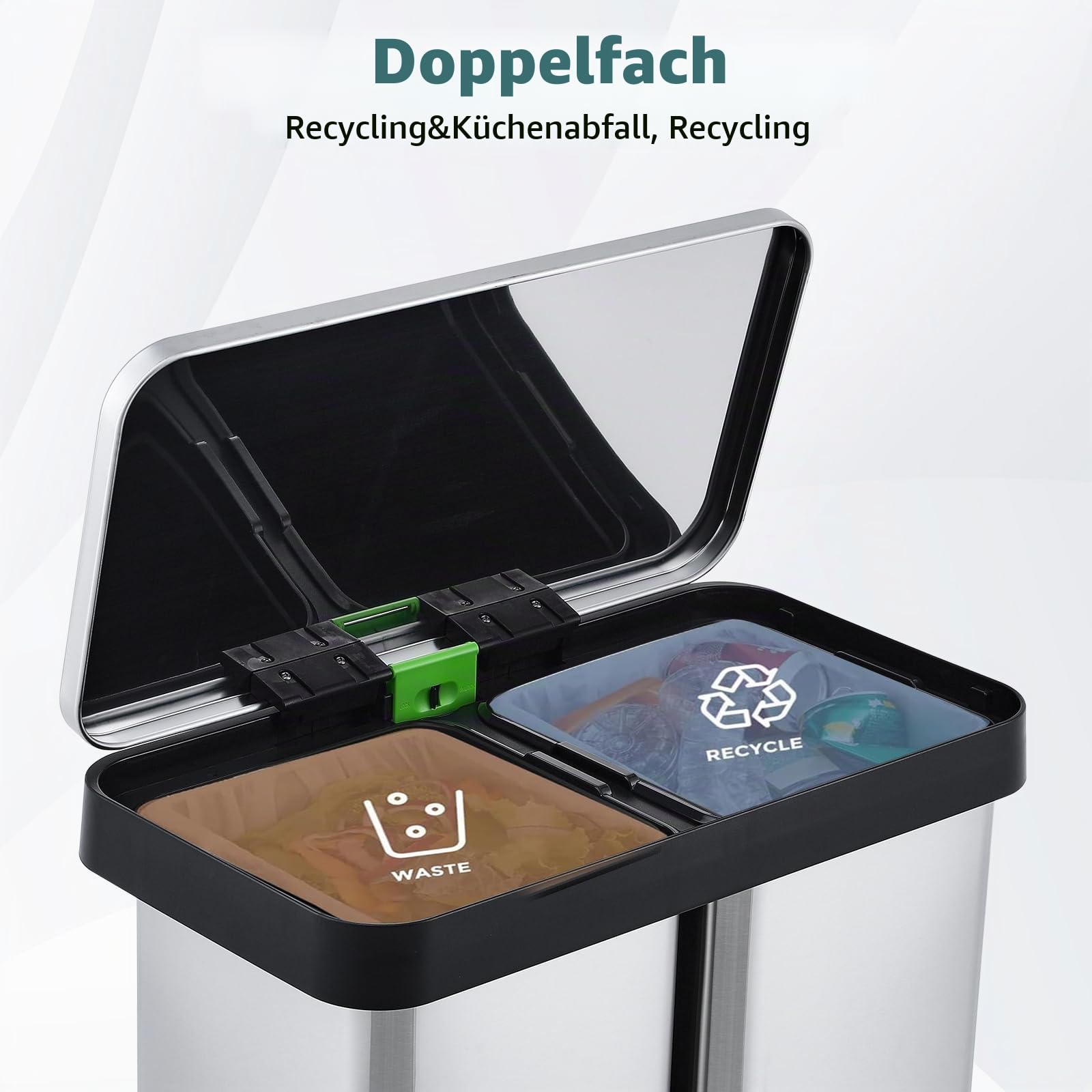 GarveeHome Mülleimer Küche,2 x 36 L Mülltrennsystem Edelstahl Mülleimer 2 fächer tretmülleimer Doppeldeckel mülltrennung getrennten Fächern berührungsfreie Bedienung geräuscharme für Küche Haushalt