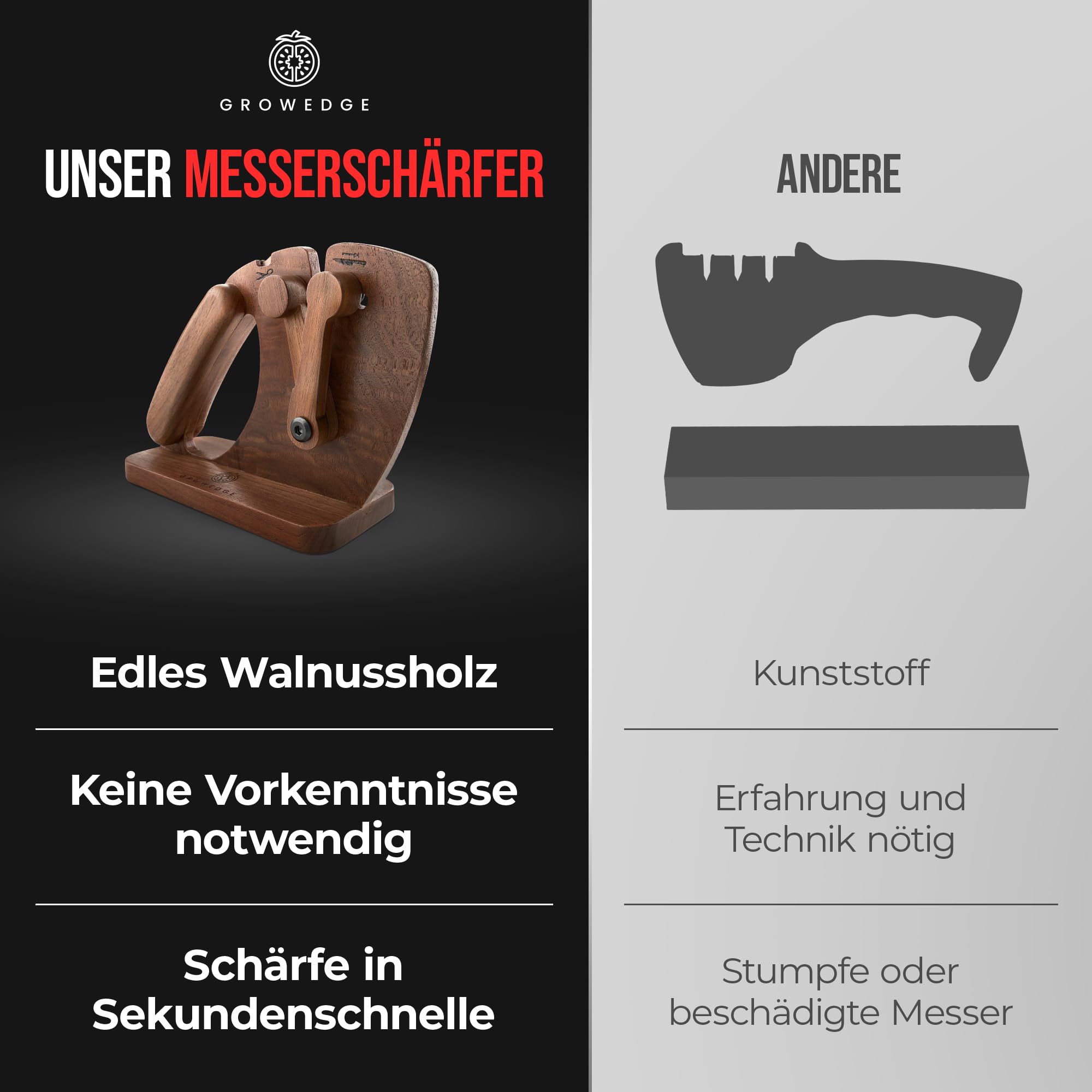 Messerschärfer [Walnuss] – Messerschleifer für glatte & gewellte Messer inkl. Keramik-Nachschleifstab | Scherenschleifer, Messer & Scheren-Schärfer | Knife Sharpener