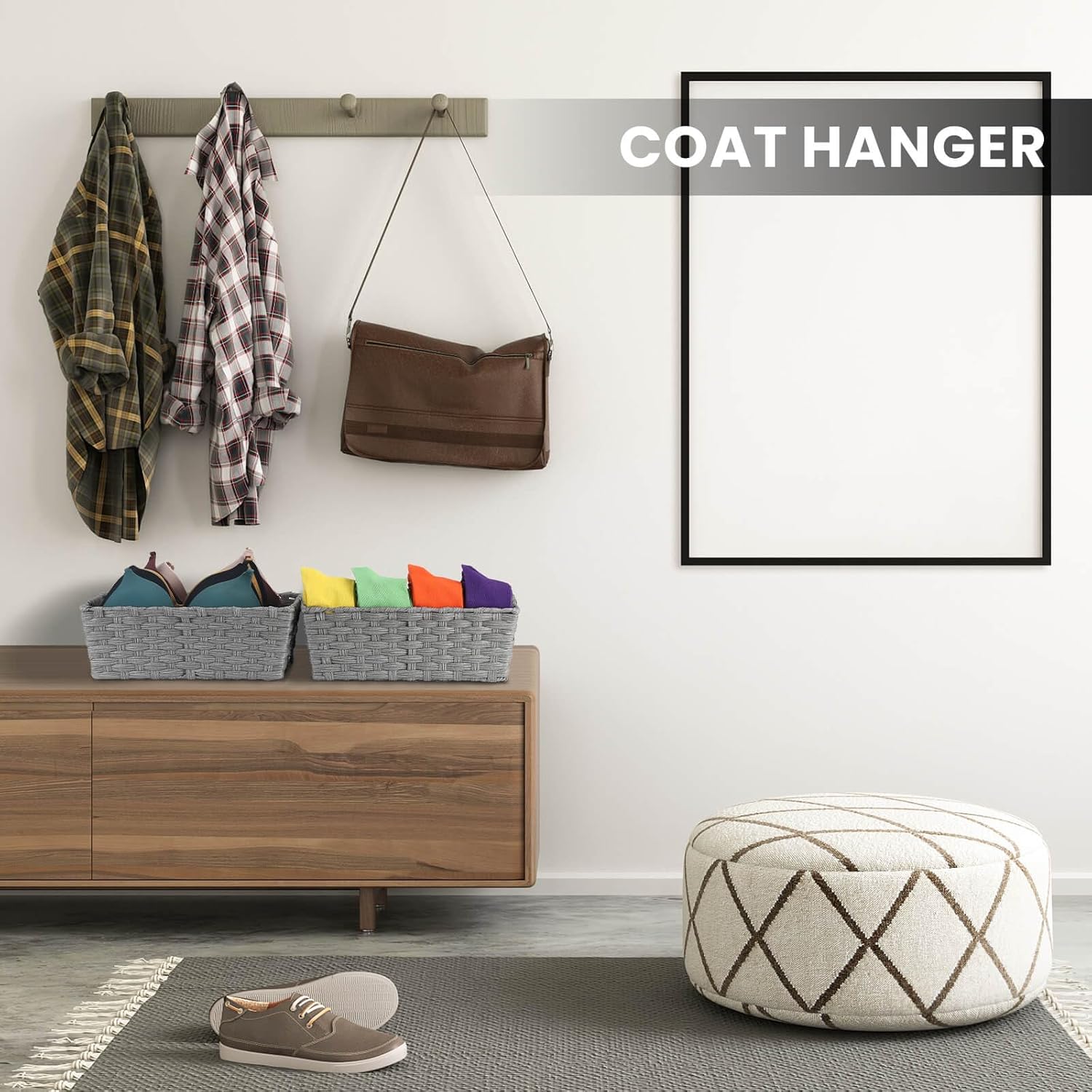 Large Wicker Storage Basket, Metal Frame, Set of 2, Washable Waterproof, 15" x 10.3" x 5.2", Grey Color, Woven Basket for Pantry, Toilet, Bathroom, Bedroom, Patio - Image 6