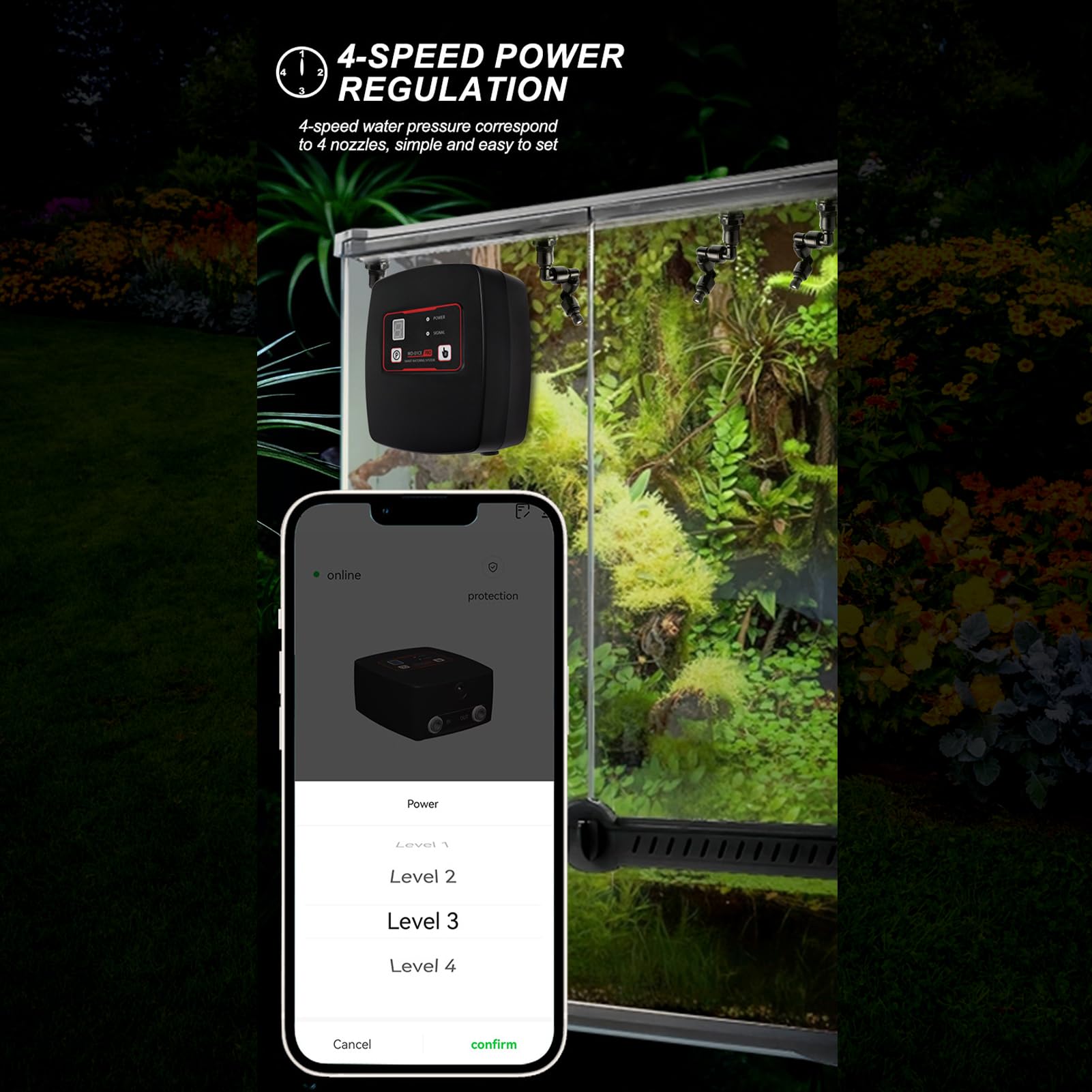 Luftbefeuchter Reptilien, Intelligentes Beregnungsanlage Terrarium mit Timer und 4 Sprühköpfen, 4-stufiger Sprühgeschwindigkeit, für Reptilien, Amphibien, Pflanzen, Blumen und Regenwald