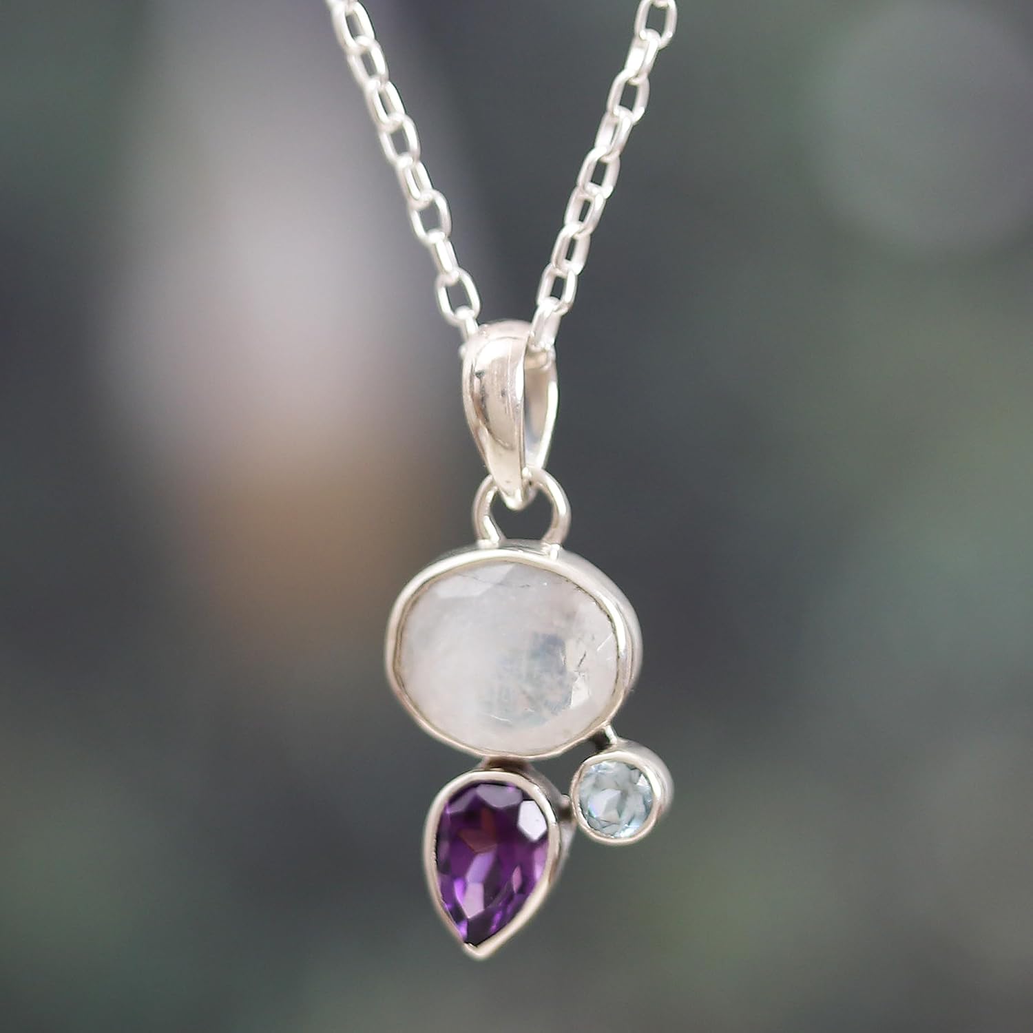 NOVICA Multi-Gem Moonstone - Rainbow .925 Sterling Silver Pendant Necklace 'Pieces of Harmony'