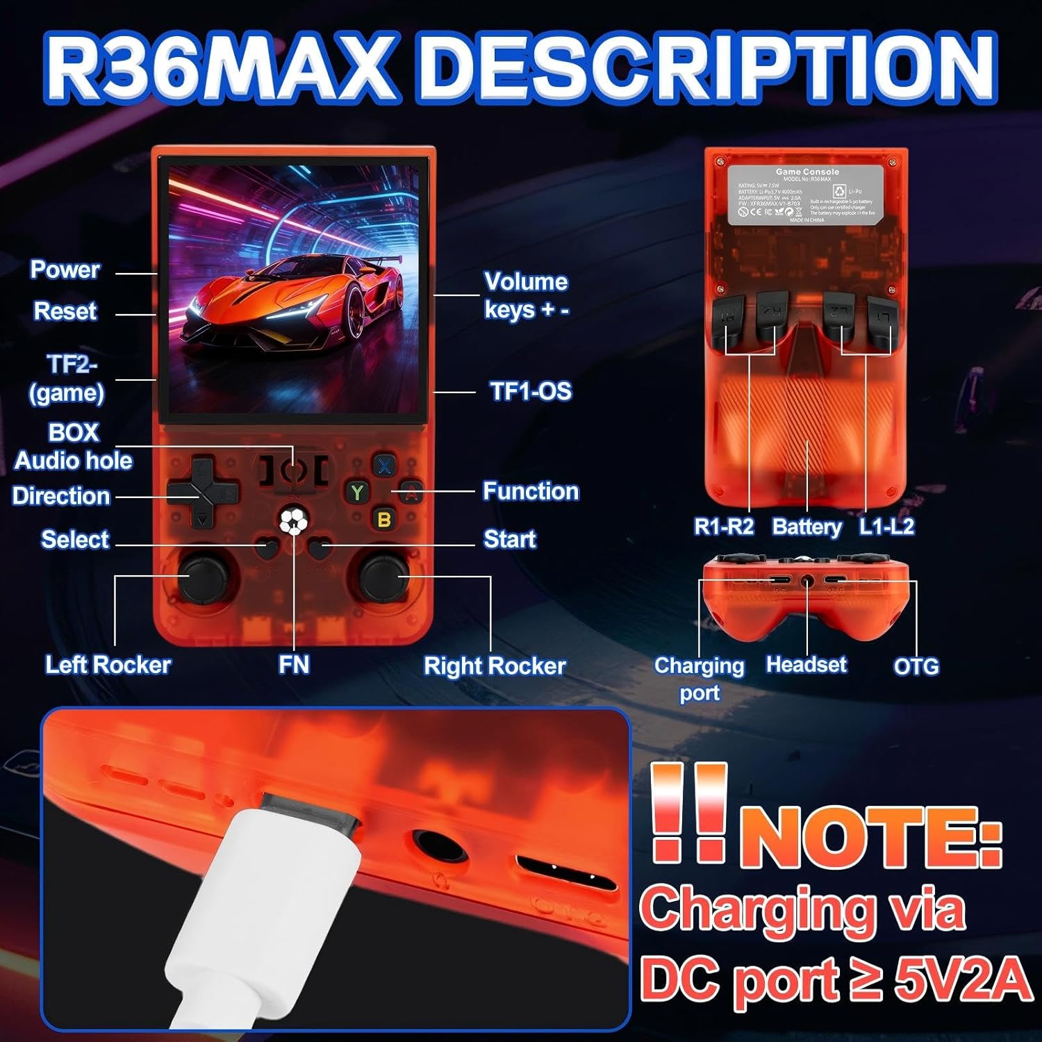 R36MAX Handheld Game Console - 4.0-Inch Screen, Support 22000+Classic Games,128G TF Card,Portable Console with Open Source System,4000mAh Battery,Birthday Gift for Adult or Partner - Red