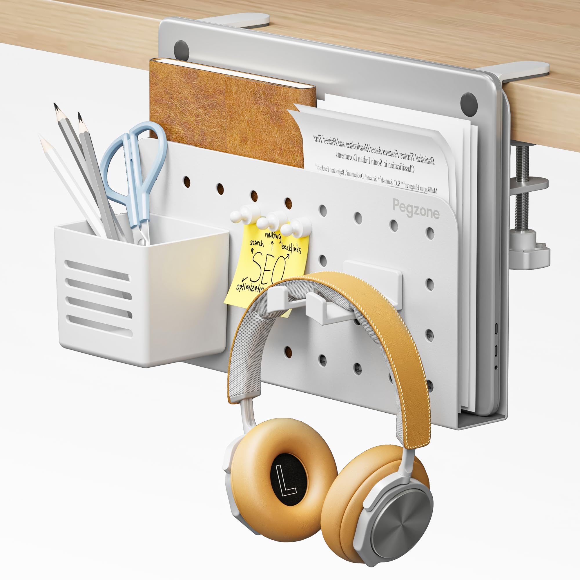 PEGZONE Schreibtisch Seitenaufbewahrung, Untertisch Laptop Halterung Aufbewahrung, Bohrfreier Laptop-Halter, Hängende Laptop-Halterung, Passt für flache Kanten von 1 cm bis 5,6 cm, Weiß