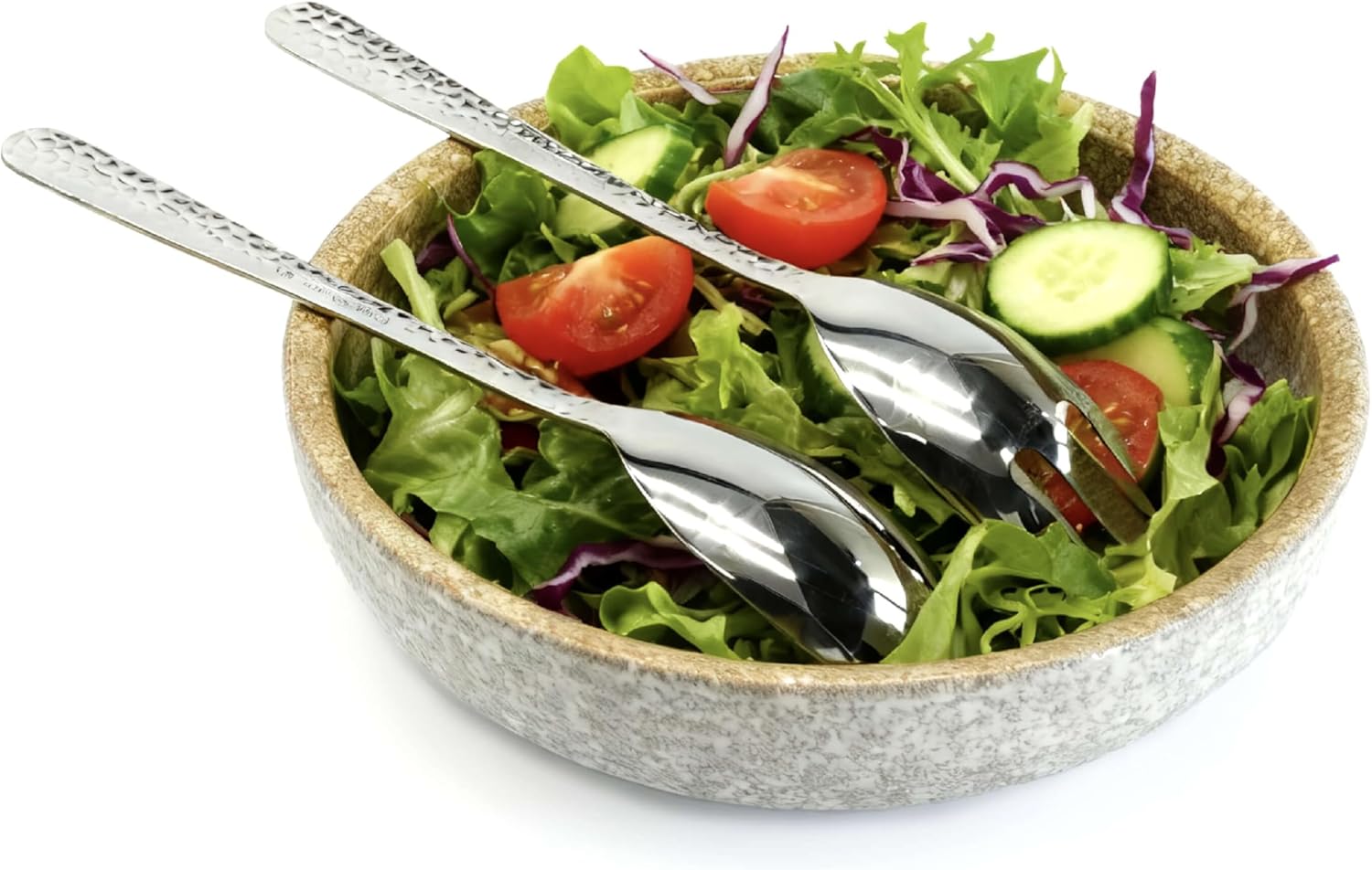 11.5-Inch Large Ceramic Salad Bowl Set – Speckled Stoneware with Stainless Steel Servers, Handcrafted Texture, Dishwasher Safe (Speckled Beige)