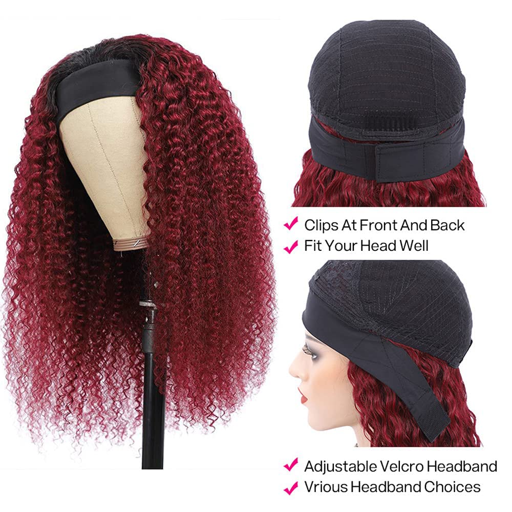 26 Inch 1B99J Ombre Red Headband Wig Human Hair 150% Density Grade 8A Unprocessed Brazilian Virgin Hairs Machine Made Burgundy Deep Wave Headband Wig Human Hair For Woman