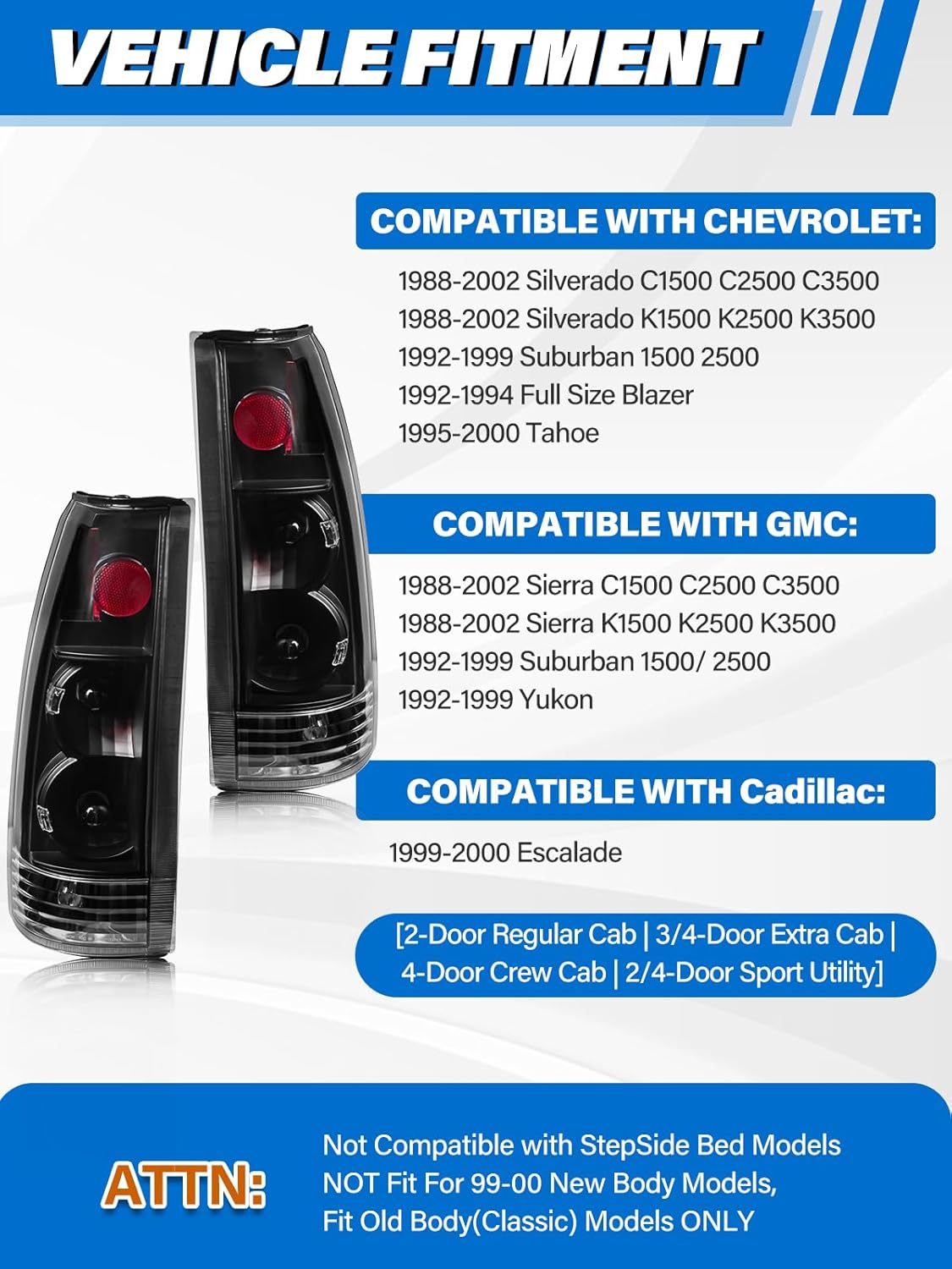 Tail Light Assembly Compatible with Chevrolet/GMC Silverado Sierra C/K Truck 1988-1998, 1995-1999 Tahoe, 1992-1999 Yukon, 1992-1999 Suburban, 1992-1994 Blazer, w/Circuit Board, Black Pair