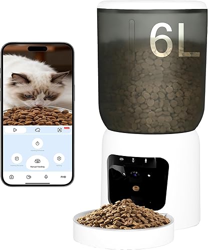Comedero automático para gatos con cámara HD 2K, WiFi 2.45G 6L, alimentador automático para gatos y perros, control de aplicación, dispensador