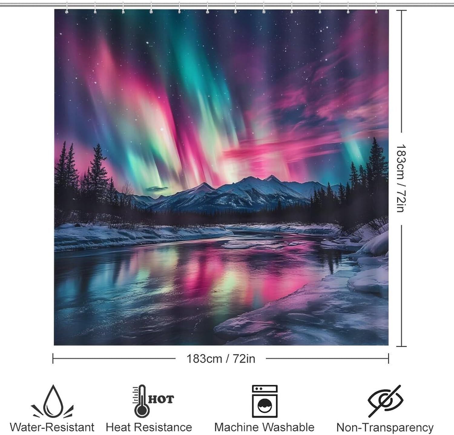 Northern Lights Red Blue Green Modern Bathroom Sets with Shower Curtain and Rugs Decor 4 Pcs with 12 Hooks