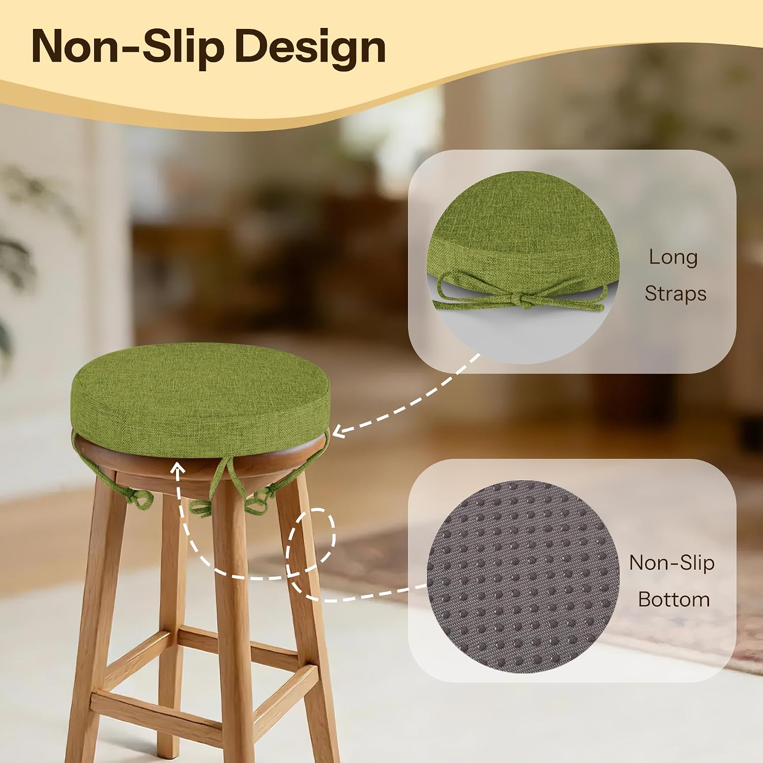 Round Bar Stool Cushions Set of 4 Non-Slip Round Stool Chair Cushions with Washable Covers and Ties High Density Bistro Seat Pads for Wooden and Metal Chairs 12" x 12" x 2" (Green)