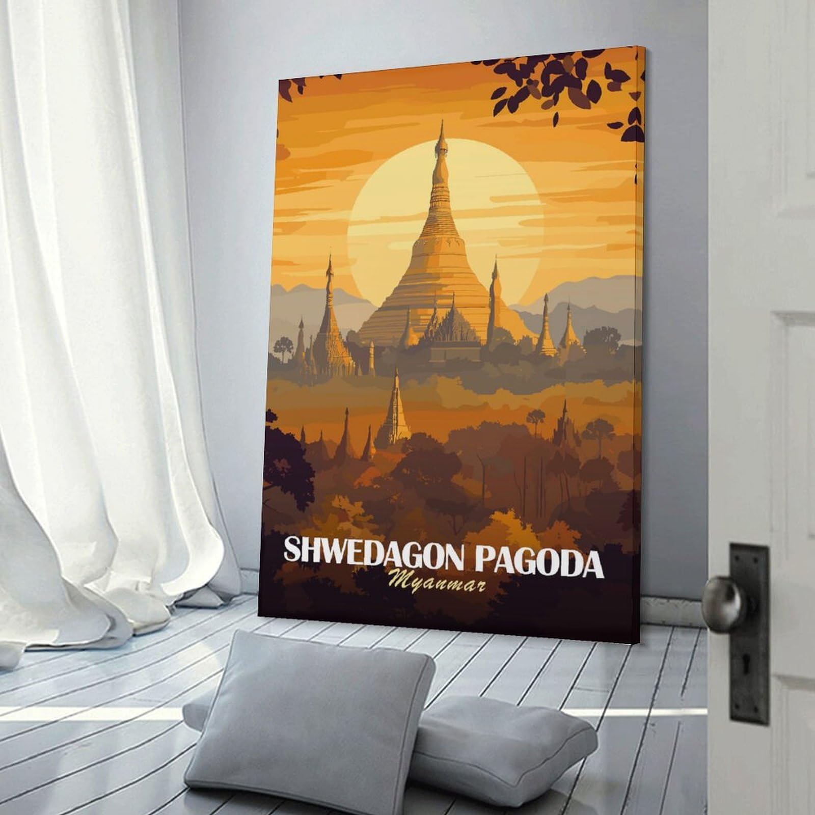 Junmoney Canvas Wall Decor Shwedagon Pagoda, Myanmar, 24x36inch(60x90cm), for Lounge Decor, Bedroom Walls Or Flats, Eye Catching Artwork for Blank Walls