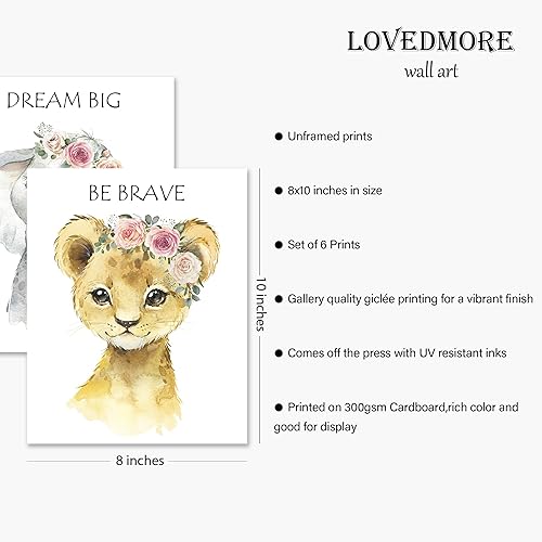 Vista 6 de LOVEDMORE Decoración de pared para guardería de bebé Safari Juego de 6 carteles de arte de pared de animales Decoración de habitación