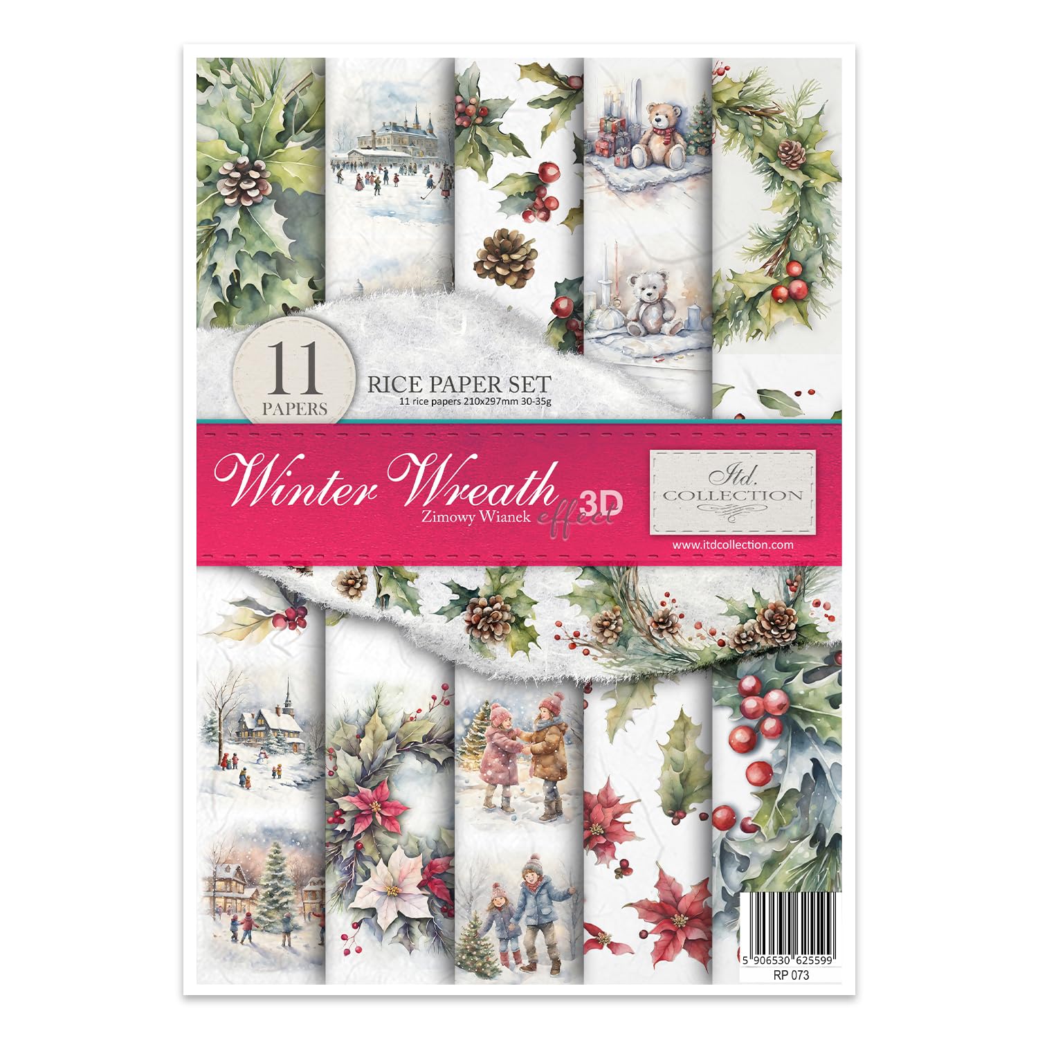 ITD Collection RP-073 Decopatch Rice Paper for Decoupage Technique A4 29.7 x 21 cm Winter Wreath