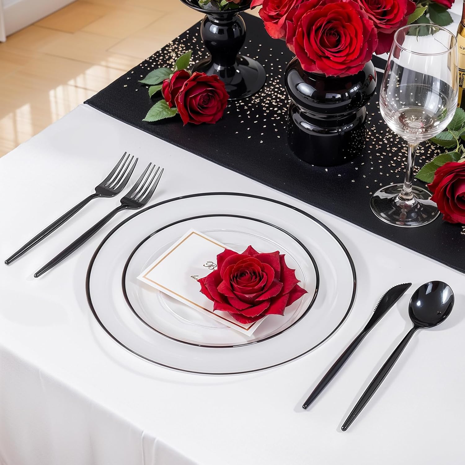 LIYH 120 Pcs Clear Black Plastic Plates - Disposable Heavy Duty Disposable Black Plates for Party Included 60 Dinner 10.25" & 60 Dessert Plate 7.5" for Party Birthday Decoration