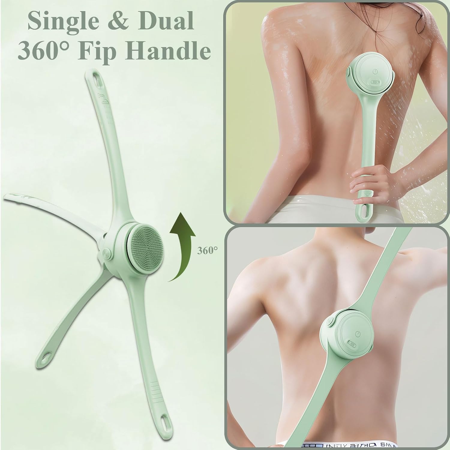 Electric Body Brush, 4 in 1 Back Scrubber for Shower, Detachable Bath Brushes with Long Single Dual Handle, 2-Speed Rotating Body Brushes for Exfoliating and Massaging, Waterproof Bath Brush (Green) - Image 3