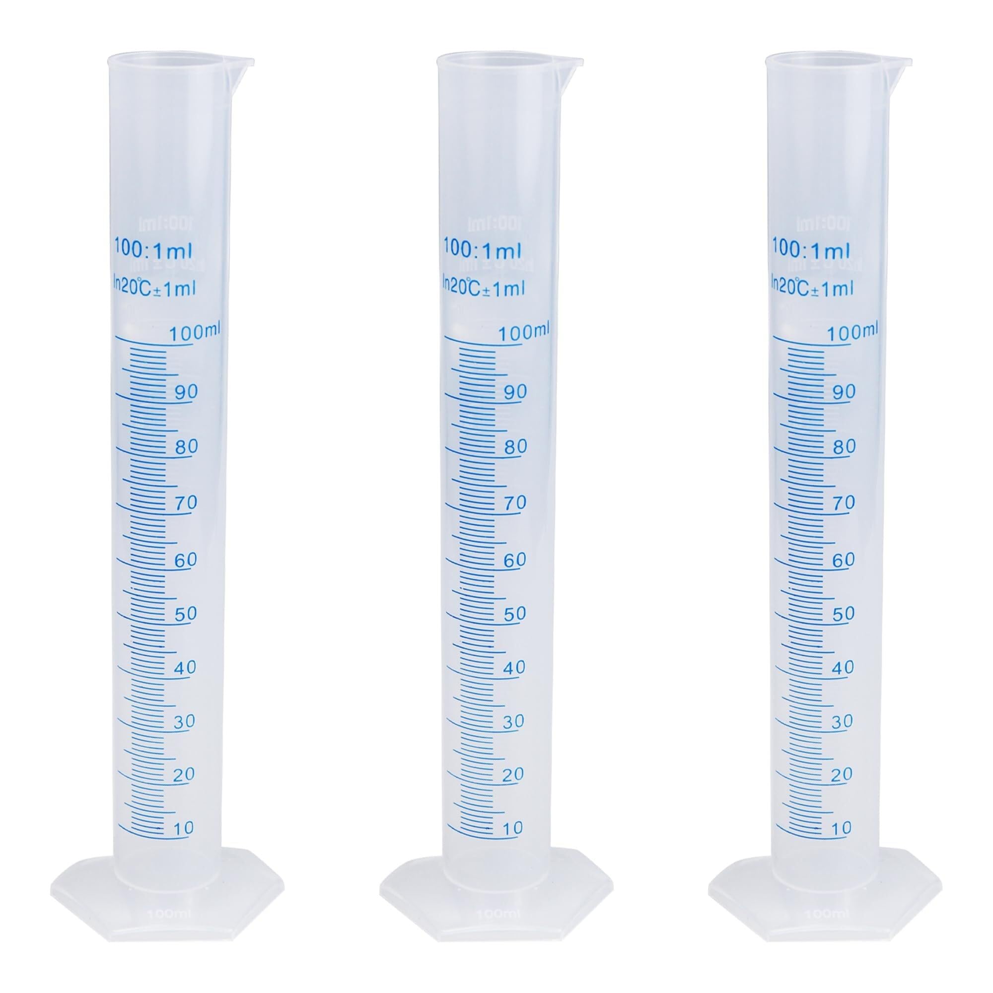 Kolba miarowa typu zlewka, Plastikowy cylinder miarowy z podziałką, przezroczysty, 25 ml do 100 ml, dwustronne linie, 3 sztuki(100ml)