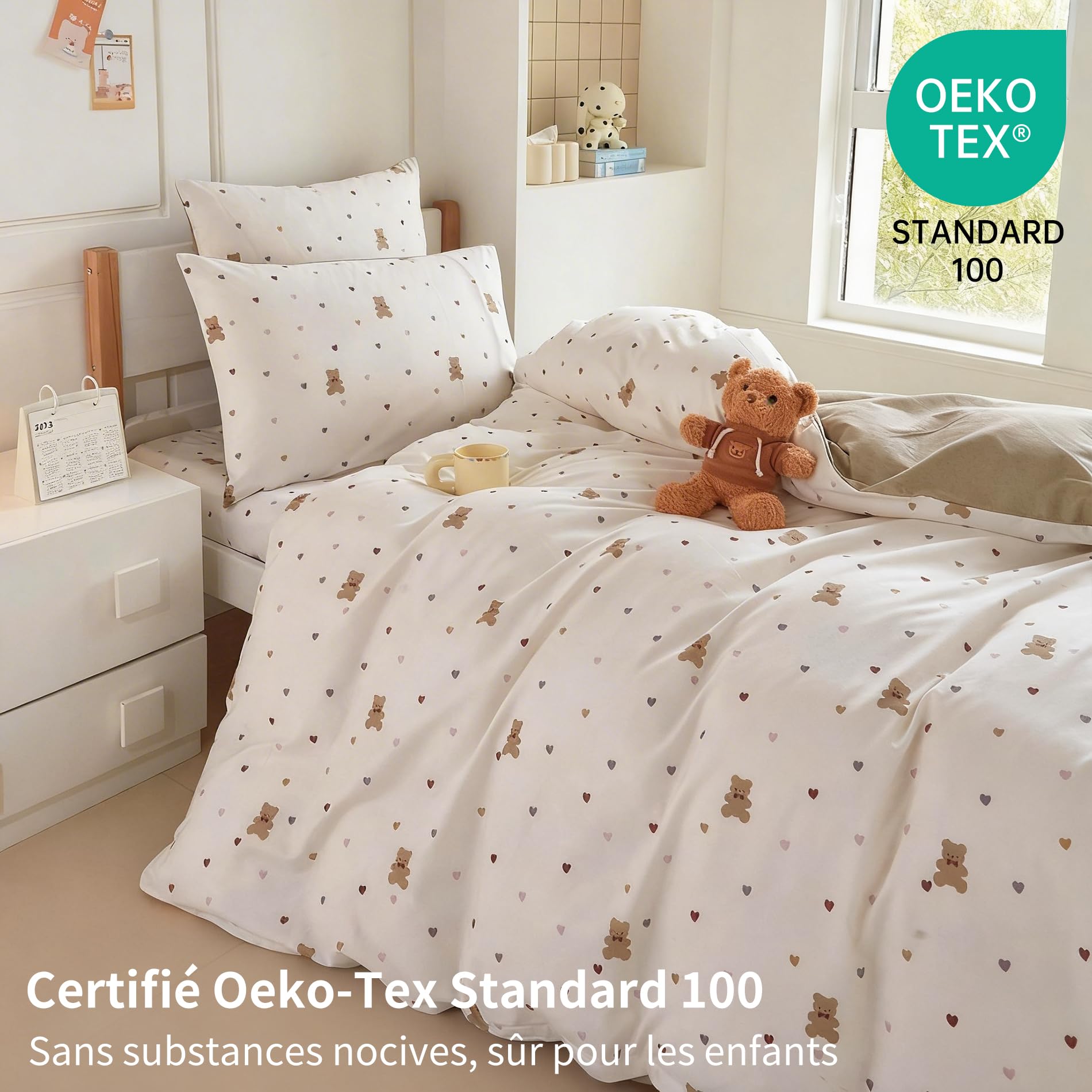 Housse de Couette 140x200 Enfant Fille Motif Cœurs Ours 100% Coton