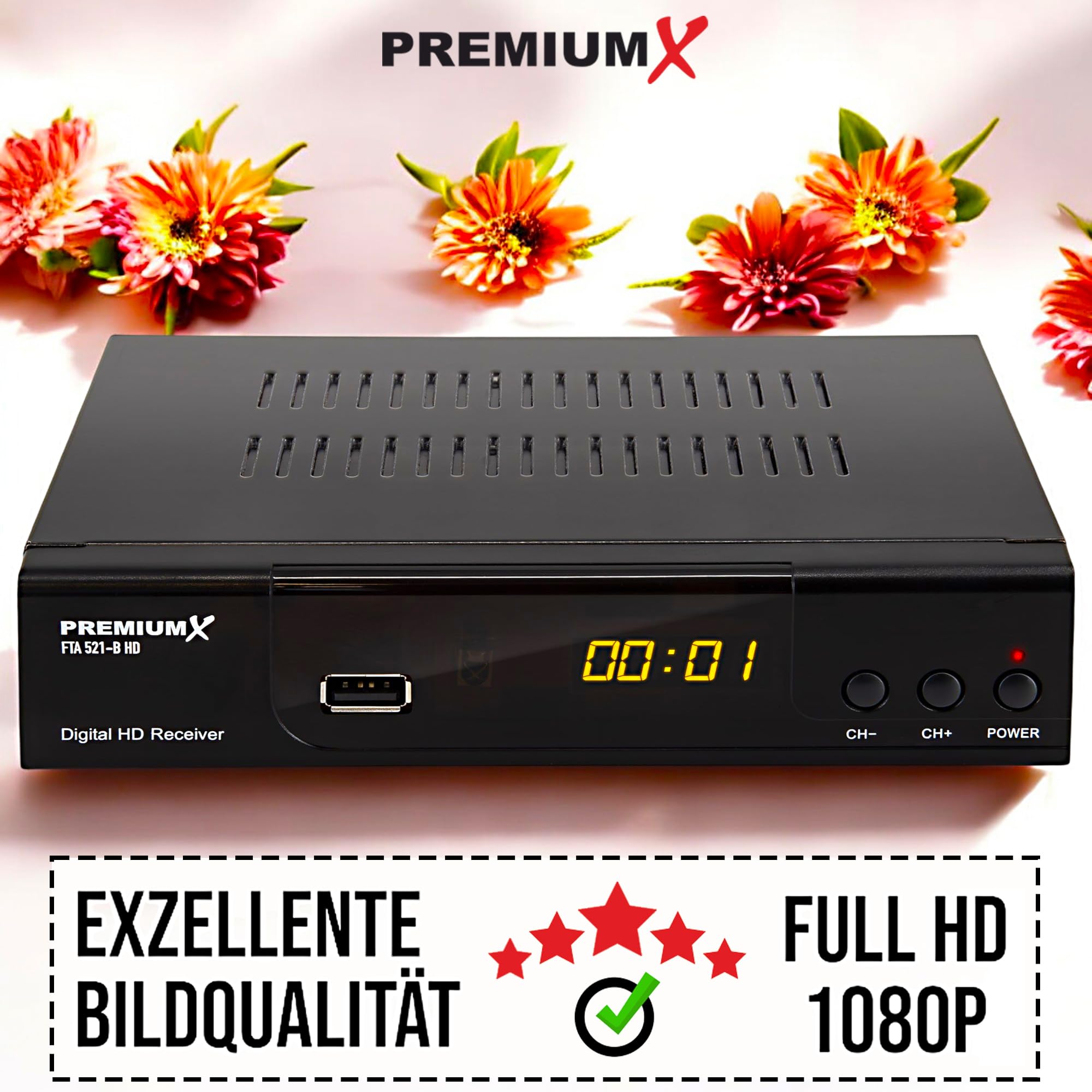 PremiumX Récepteur satellite HD 521 FTA numérique satellite DVB-S2 FullHD HDMI SCART 2X USB lecteur multimédia 12 V Bloc d'alimentation externe
