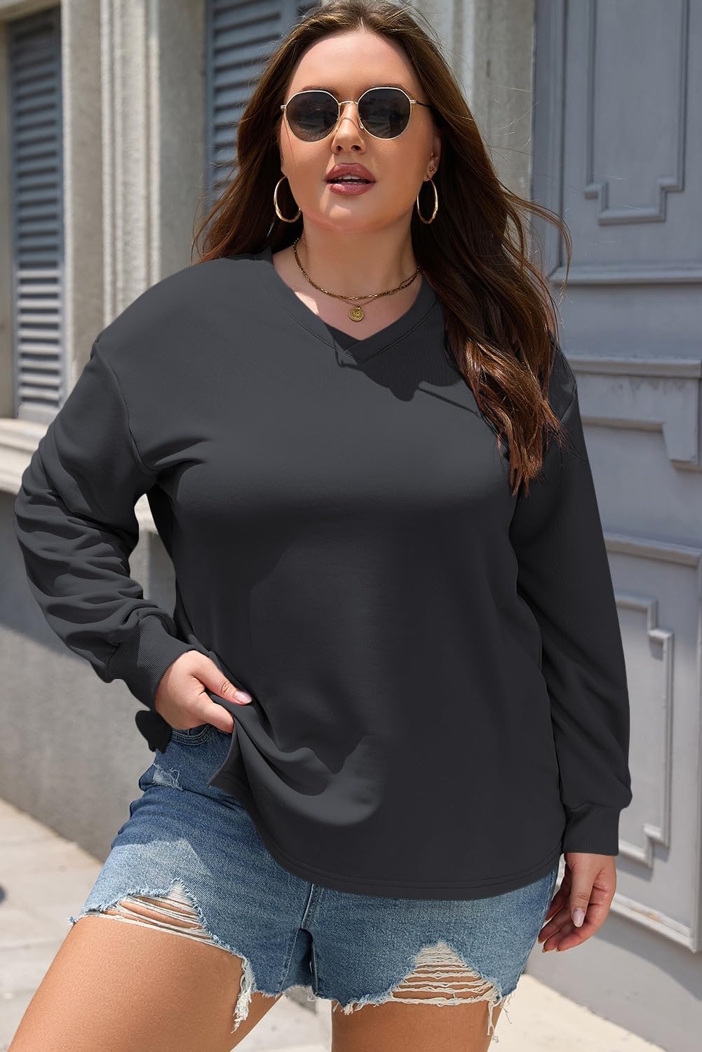 Eytino Plus Size Sweatshirts for Women V Neck Long Sleeve Oversized Pullover Tops 2026 Fall Fashion Outfit Clothes(1X-5X) - Image 3