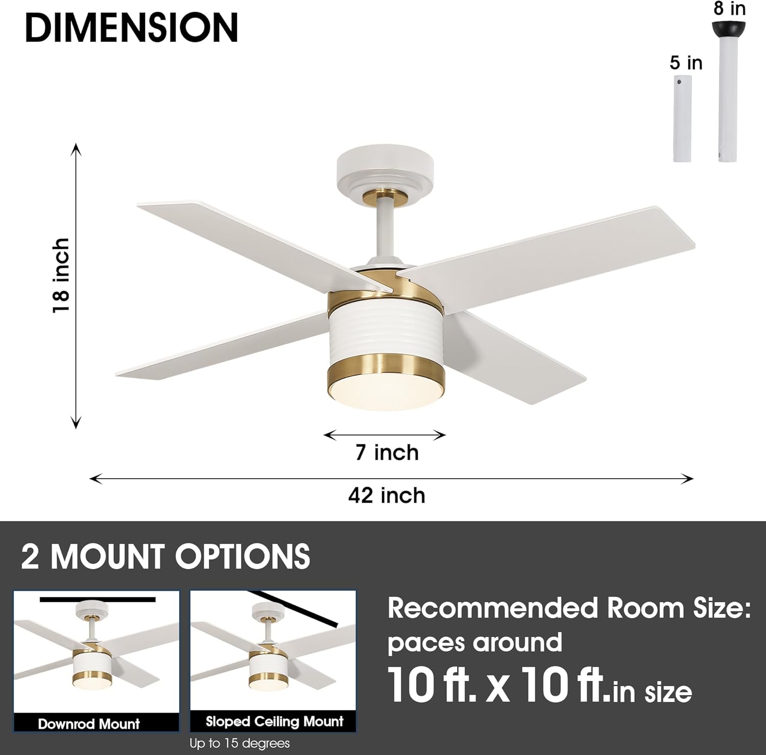 Diagram showing the dimensions of the 42-inch ceiling fan and two mounting options: downrod mount and sloped ceiling mount.