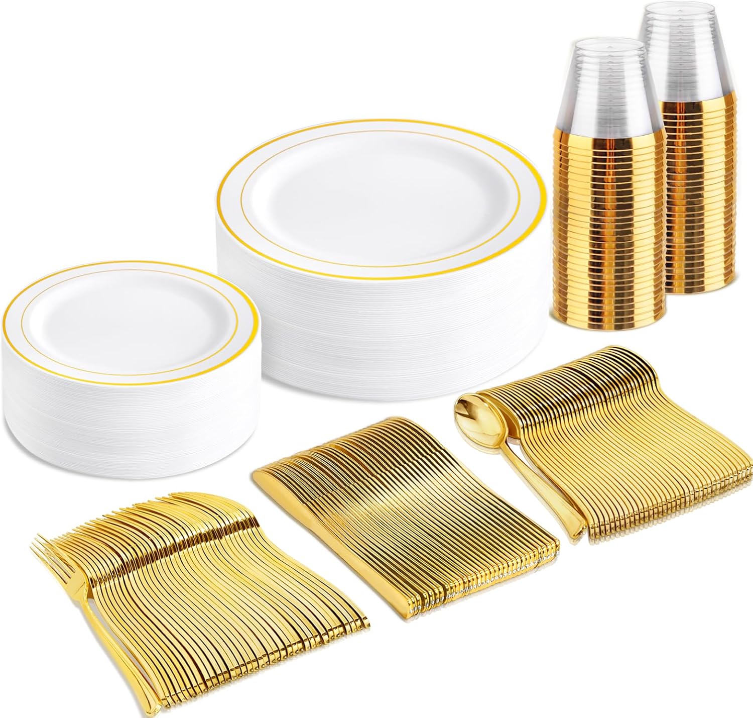 BUCLA 150PCS Gold Plastic Disposable Dinnerware Set - Heavy Duty Plates, Cups & Utensils for Weddings, Parties & Holidays
