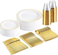 BUCLA 150PCS Gold Plastic Disposable Dinnerware Set - Heavy Duty Plates, Cups & Utensils for Weddings, Parties & Holidays
